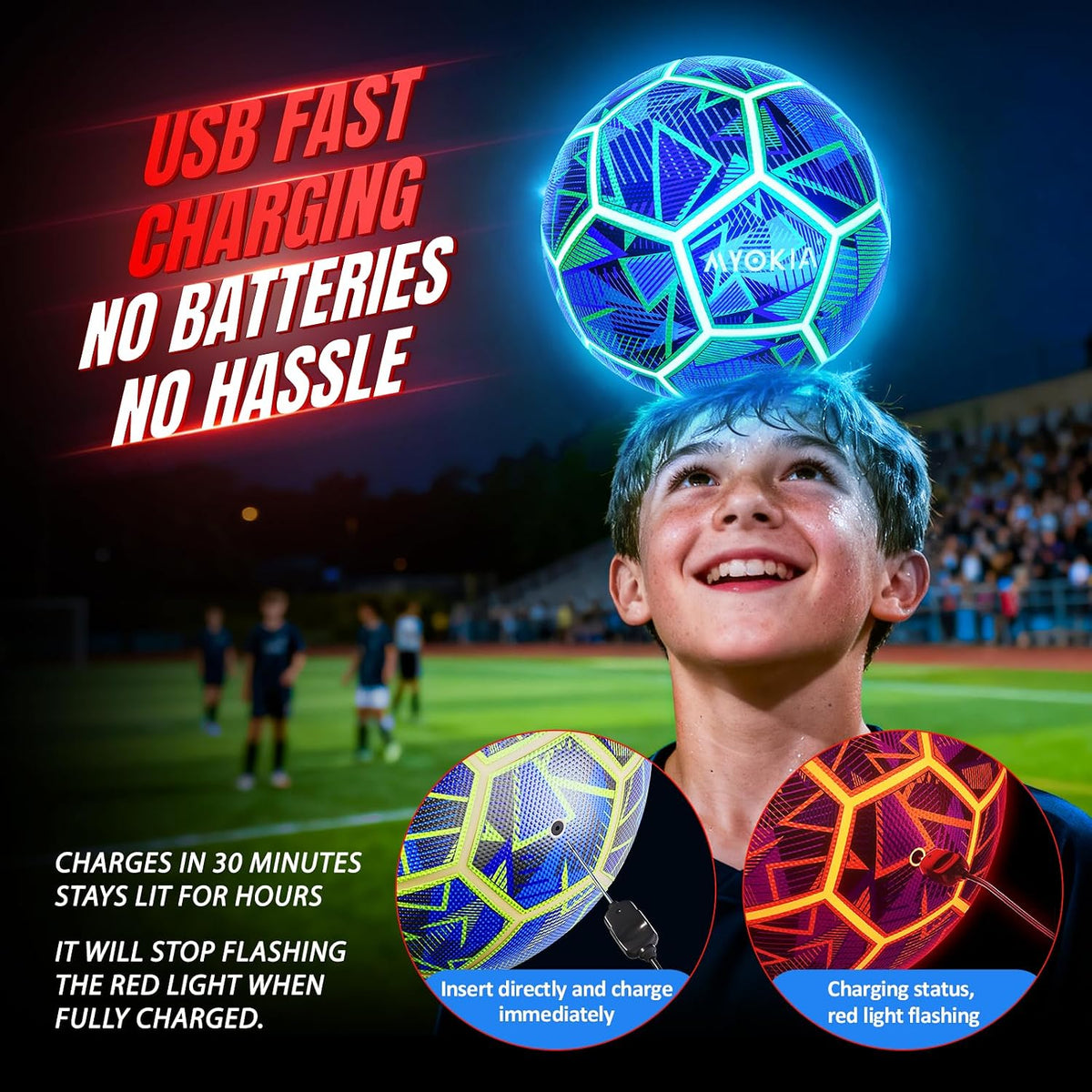MYOKIA Balón de fútbol de tamaño 5 con luz RGB recargable que brill...