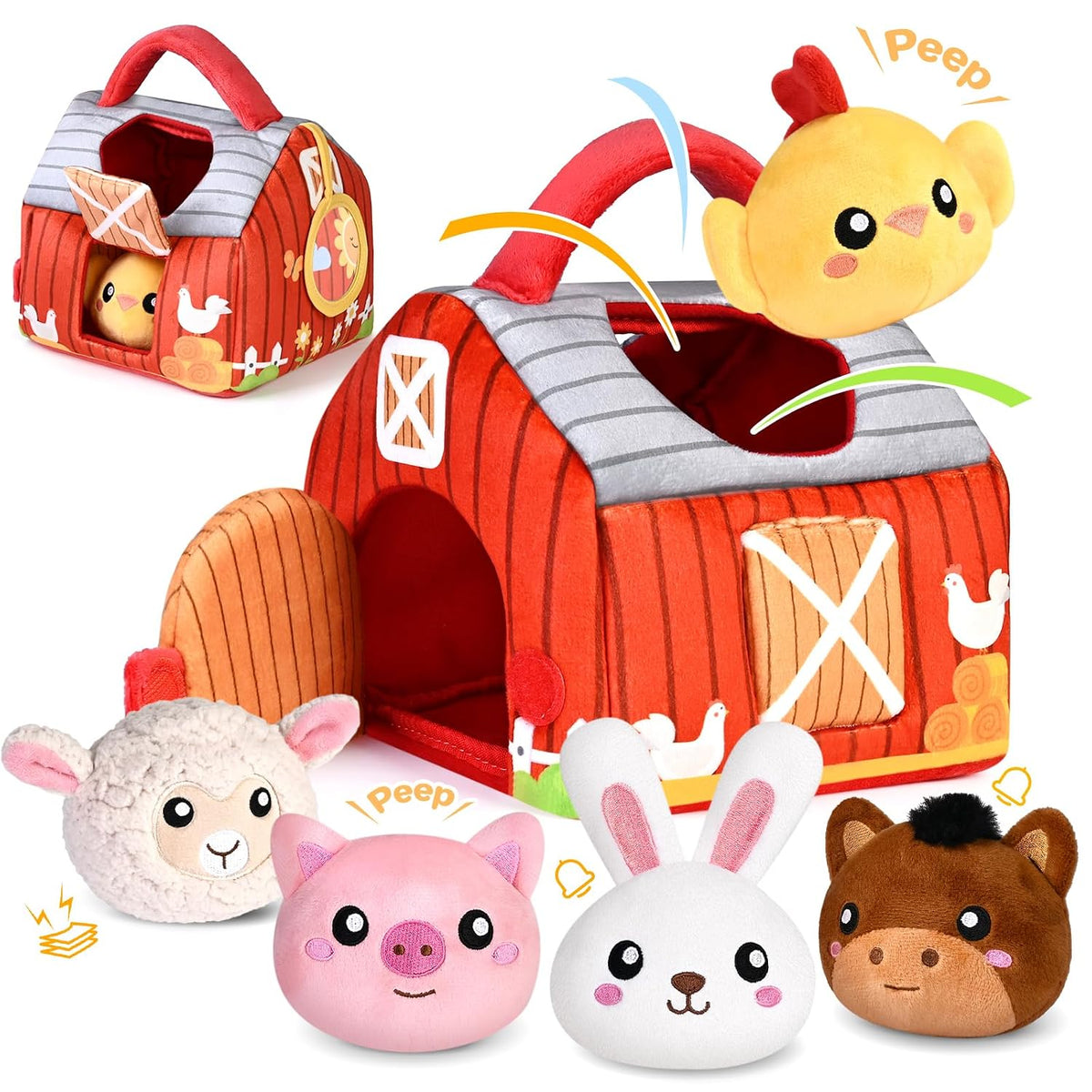 Granero de felpa con animales de granja, juego sensorial de juguete...