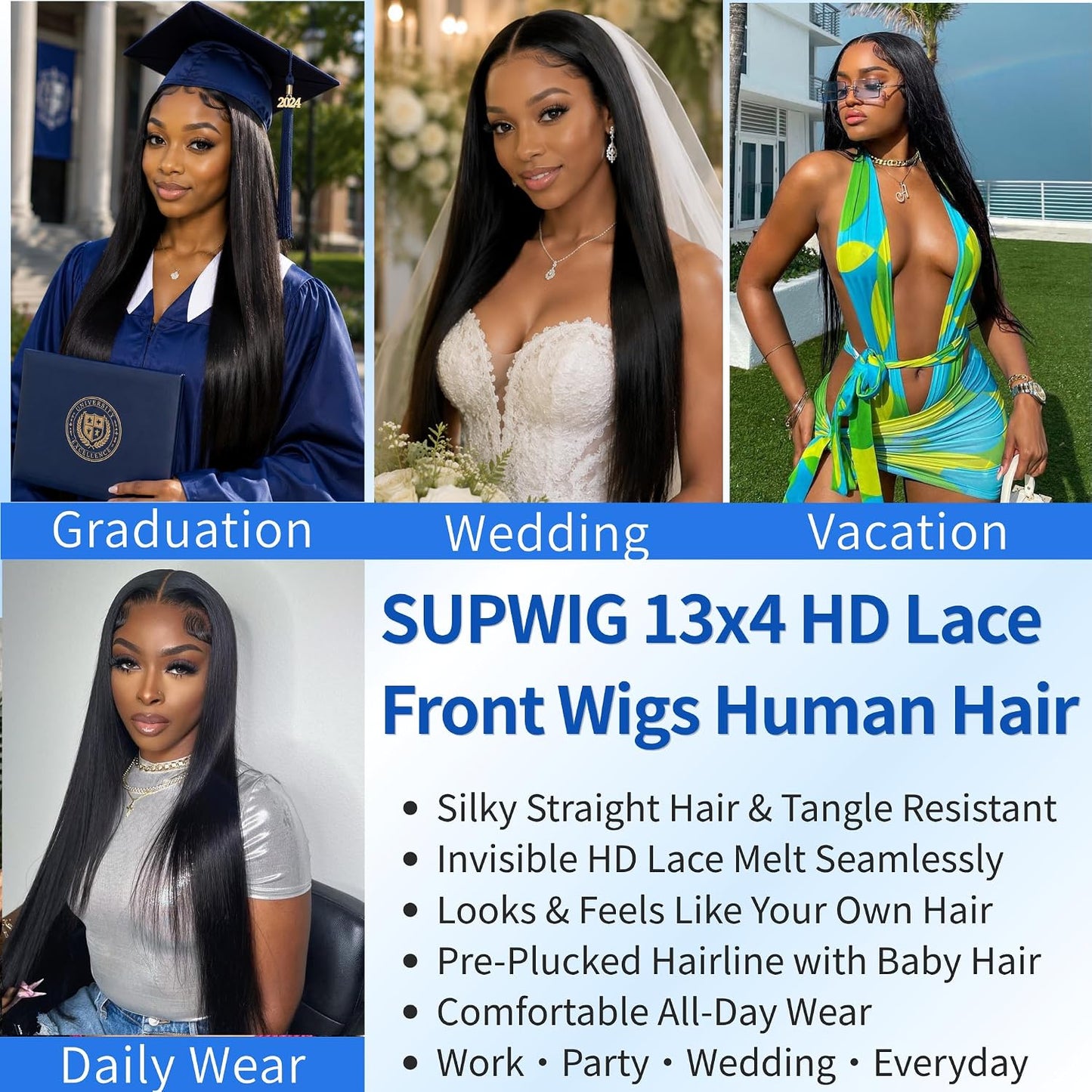 SupWig Peluca de encaje frontal de cabello humano lacio HD con enca...