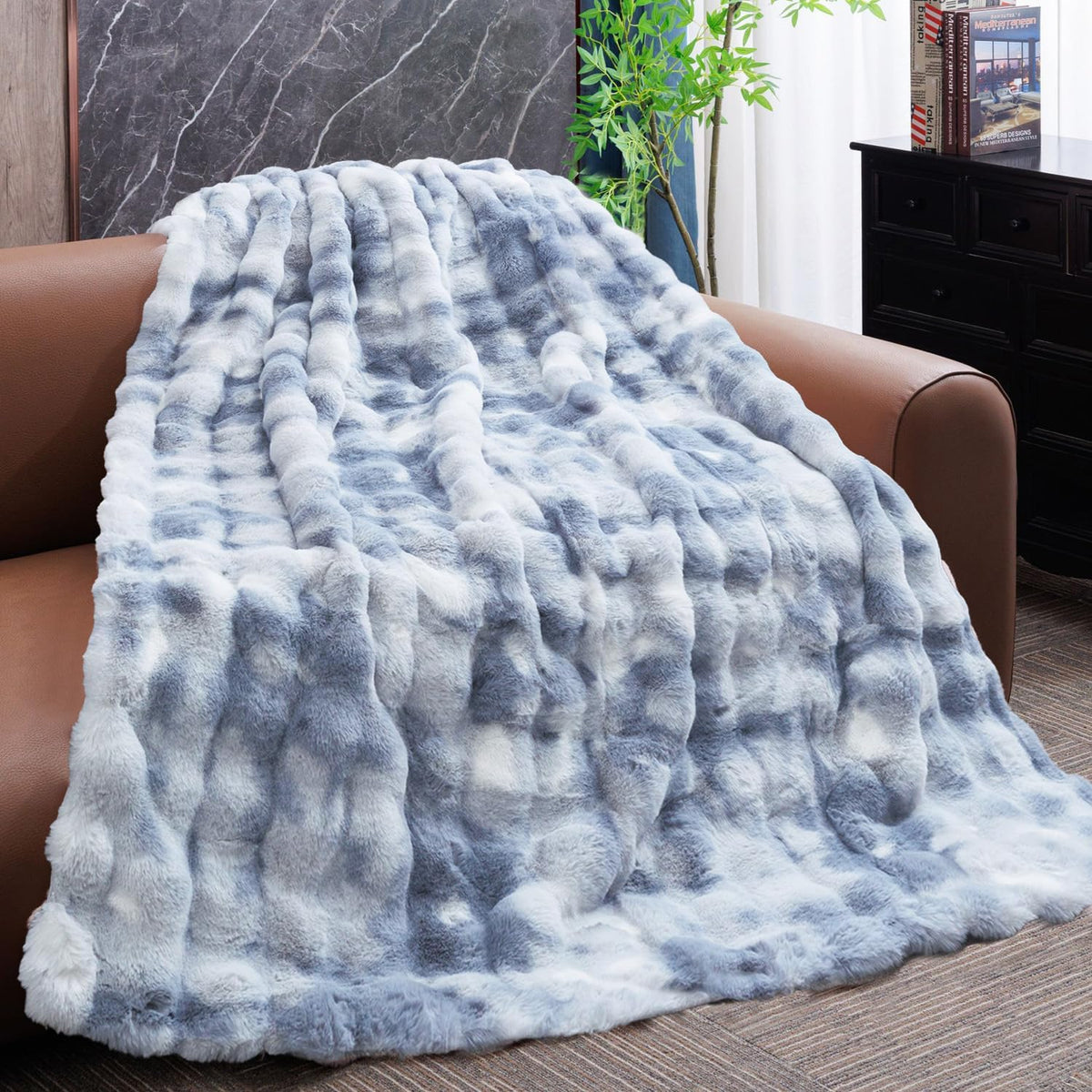 Opulapel Manta de Tiro de Piel Sintética Azul con Efecto Tie-dye Su...