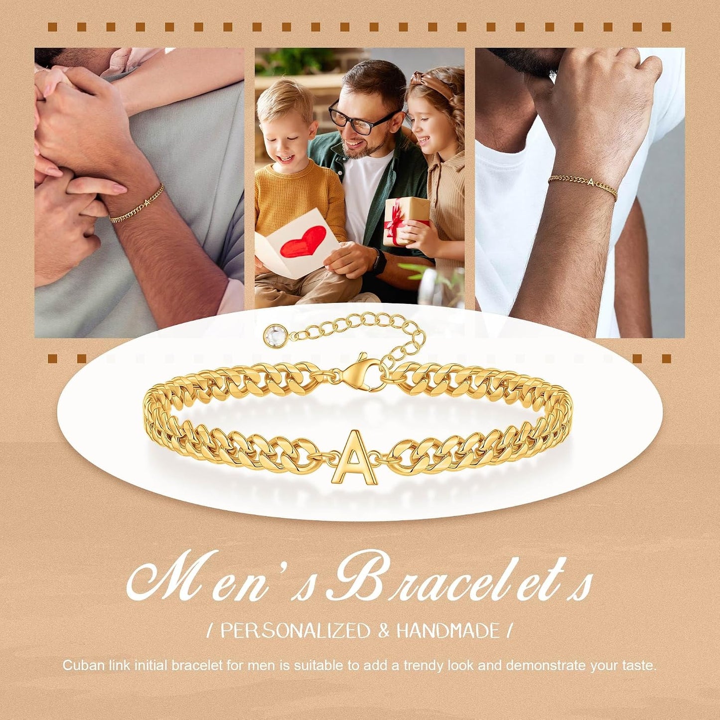 Pulsera con inicial para hombre, cadena de eslabones cubanos de oro...