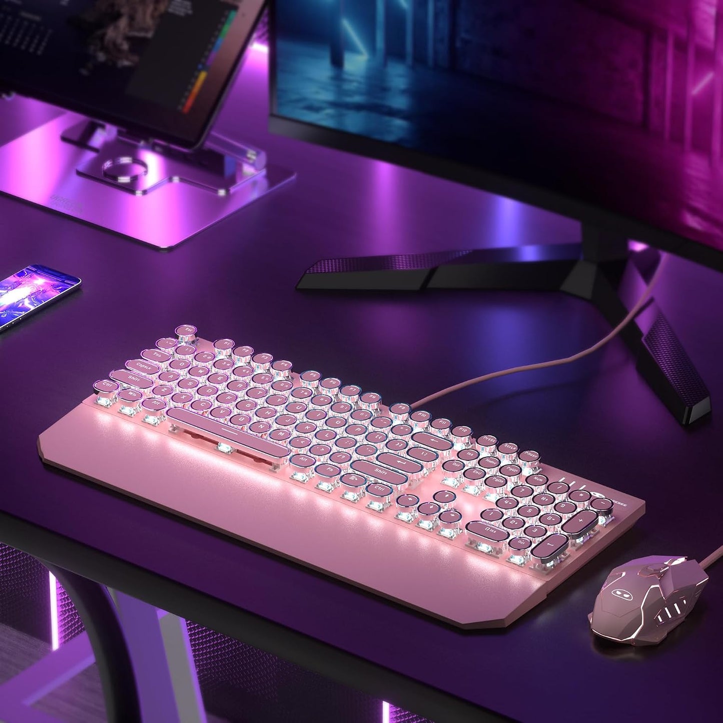 Combo de teclado y mouse estilo máquina de escribir rosa retro, bon...