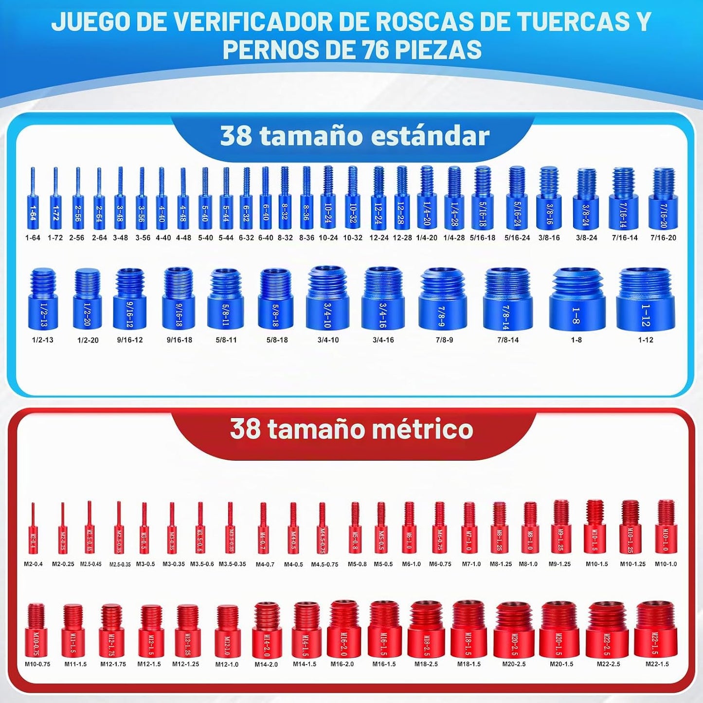 Comprobador de rosca, 76 unidades, comprobador de roscas de tuerca...