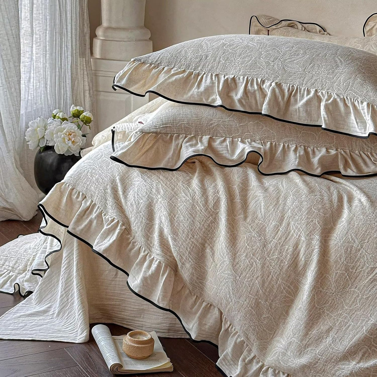Edredón de lino y algodón con volantes, tamaño Queen, juego de cama...
