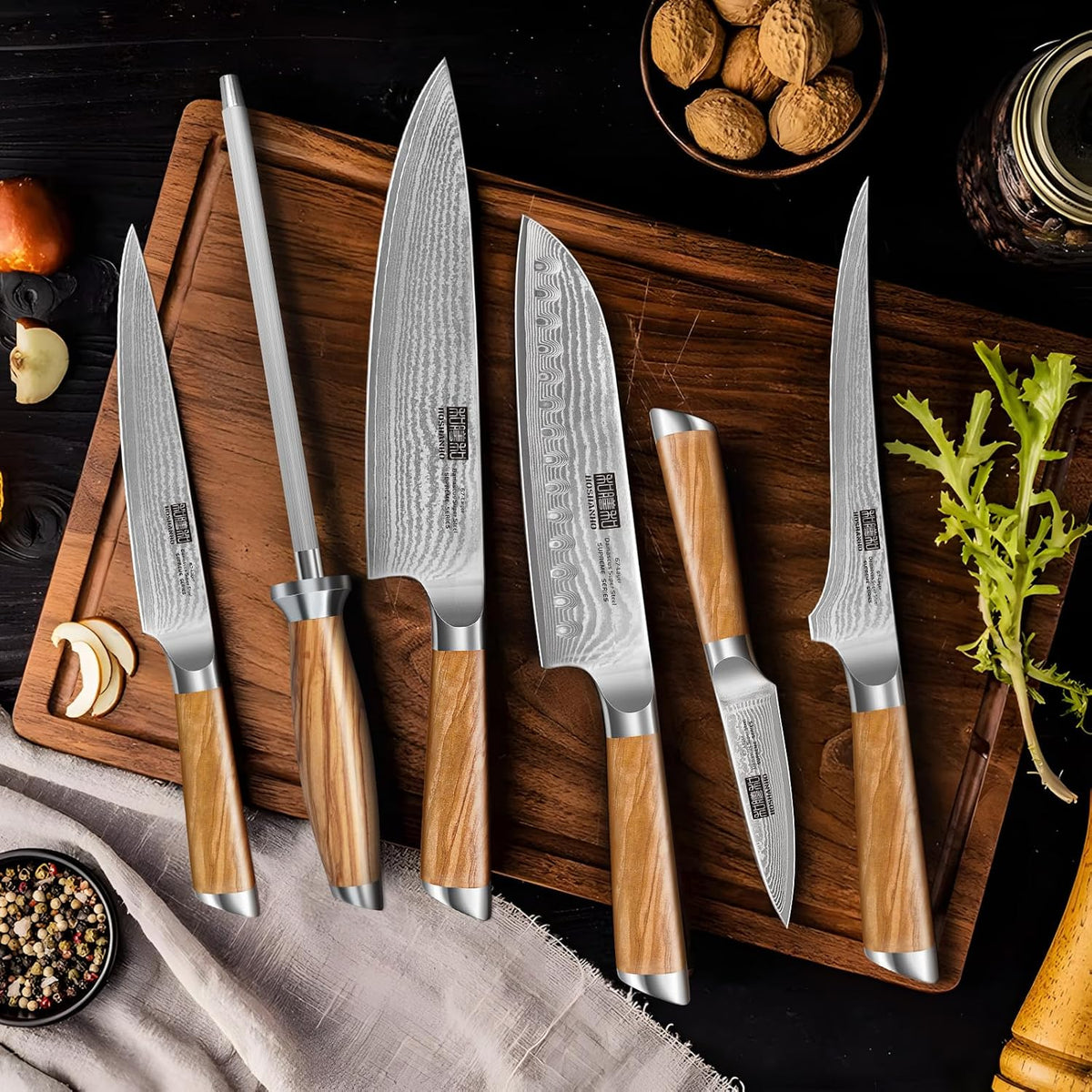 HOSHANHO Juego de 7 cuchillos de Damasco, cuchillos de cocina afila...