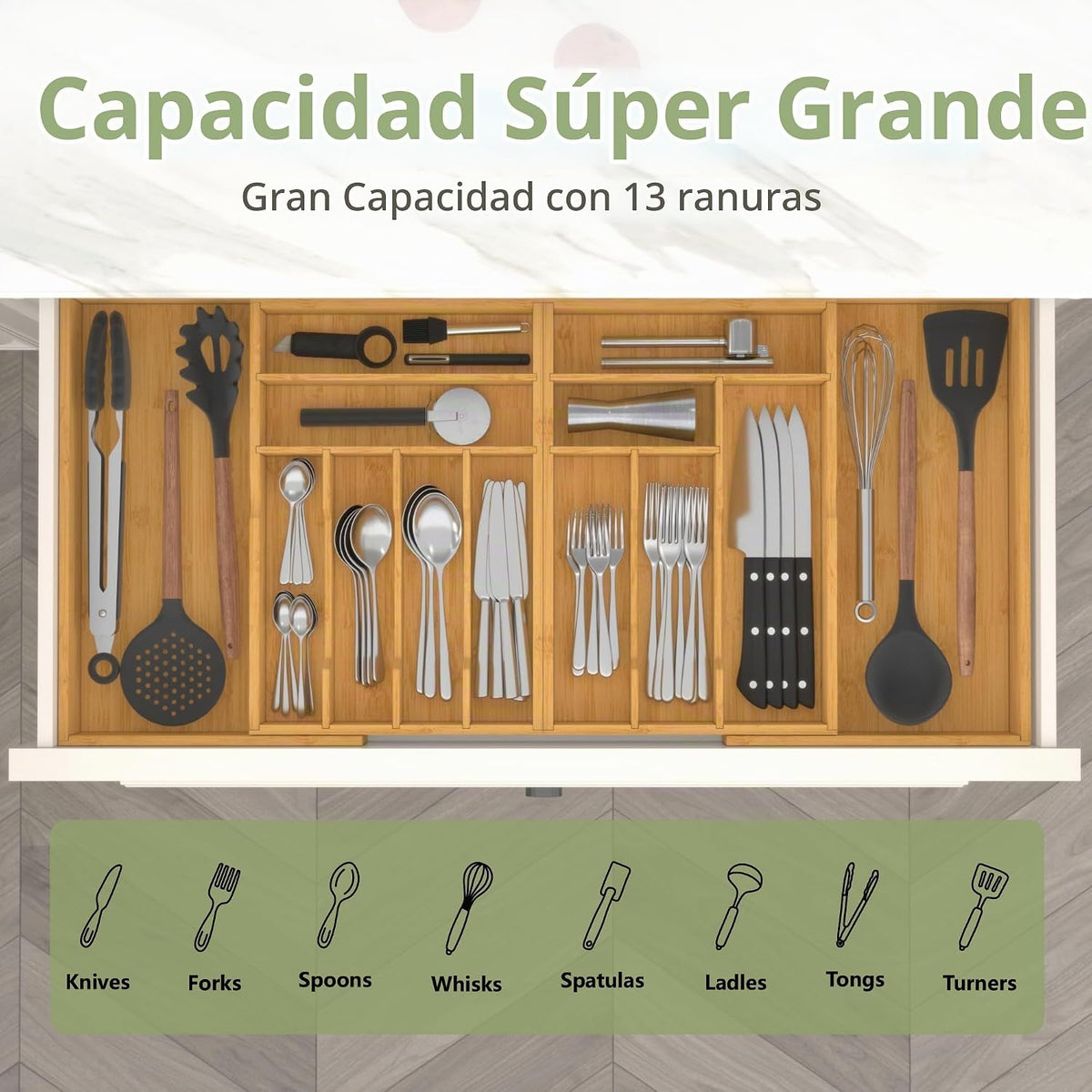 Suli Organizador de cajones de cubiertos extragrande, expandible de...
