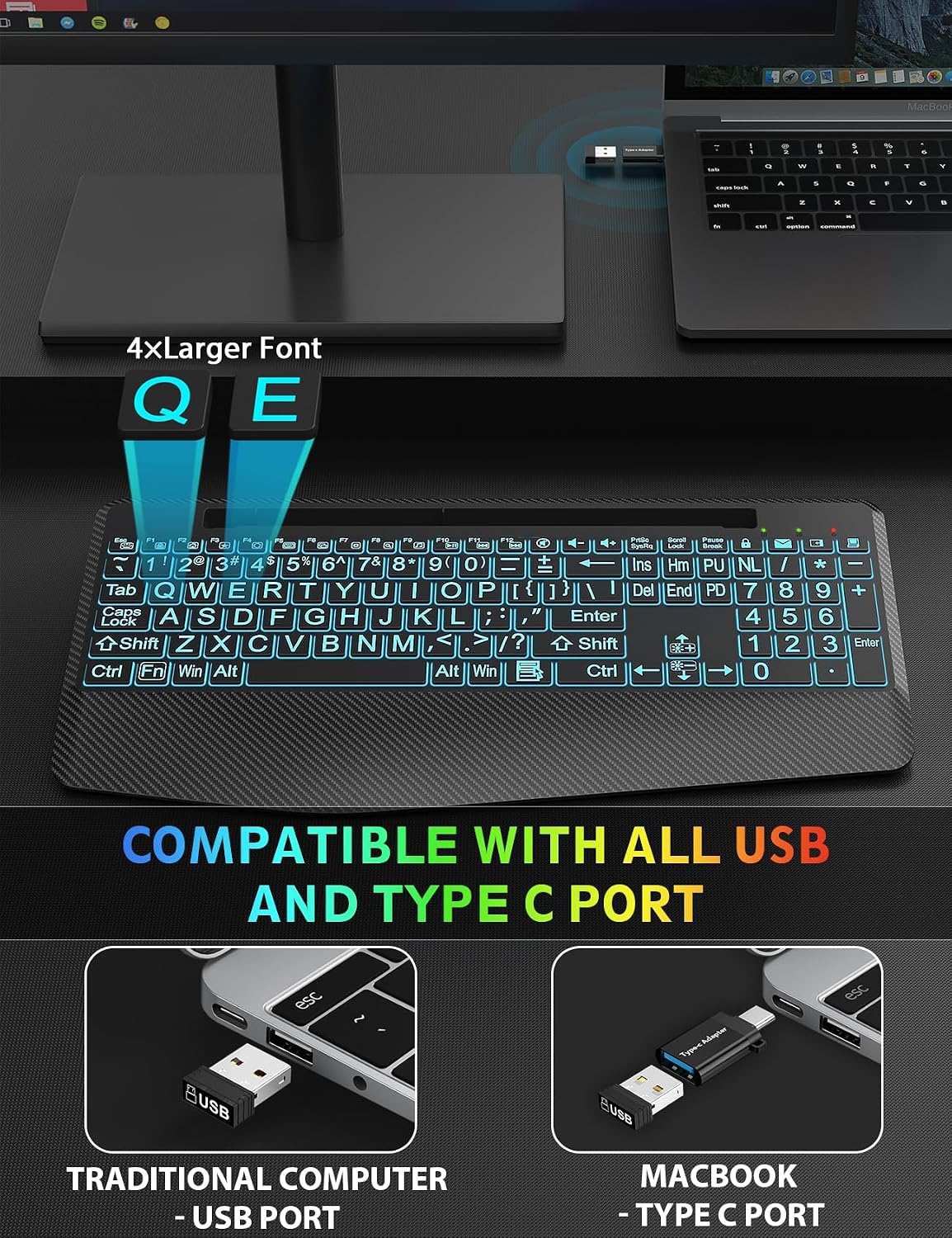 Teclado y ratón inalámbricos retroiluminados, reposamuñecas, ratón...