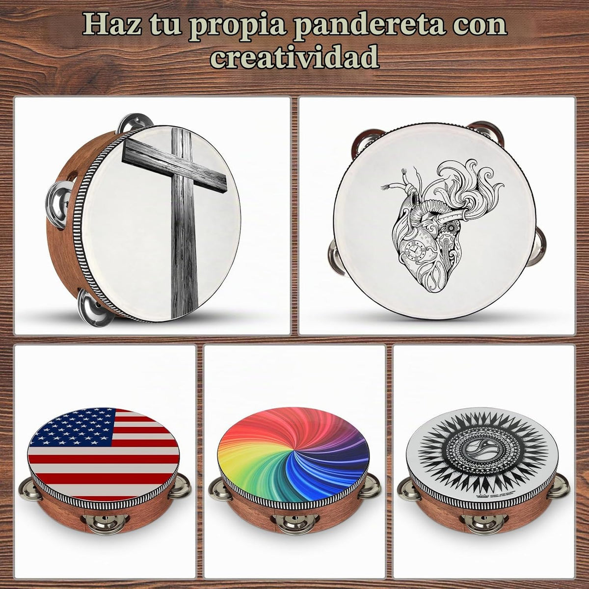 Pandereta de percusión de mano de madera con bolsa de almacenamient...