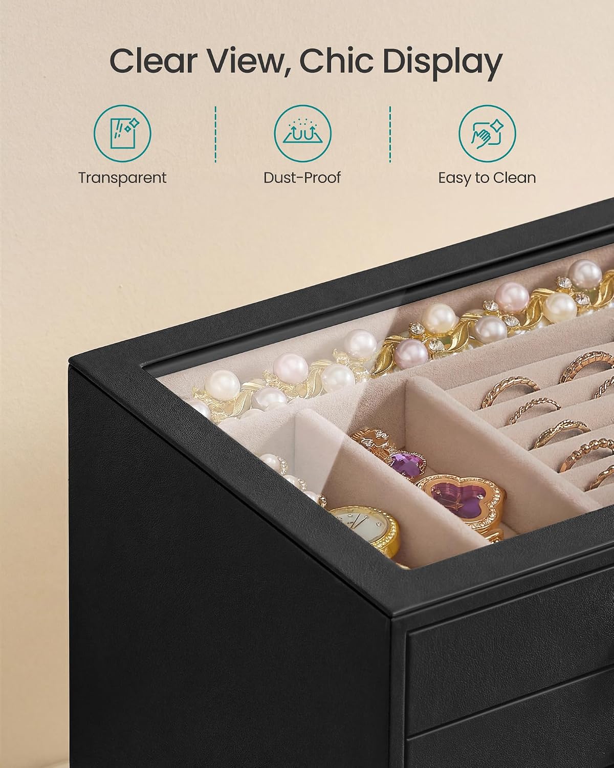 SONGMICS Joyero de 5 capas con ventana de cristal, organizador de a...