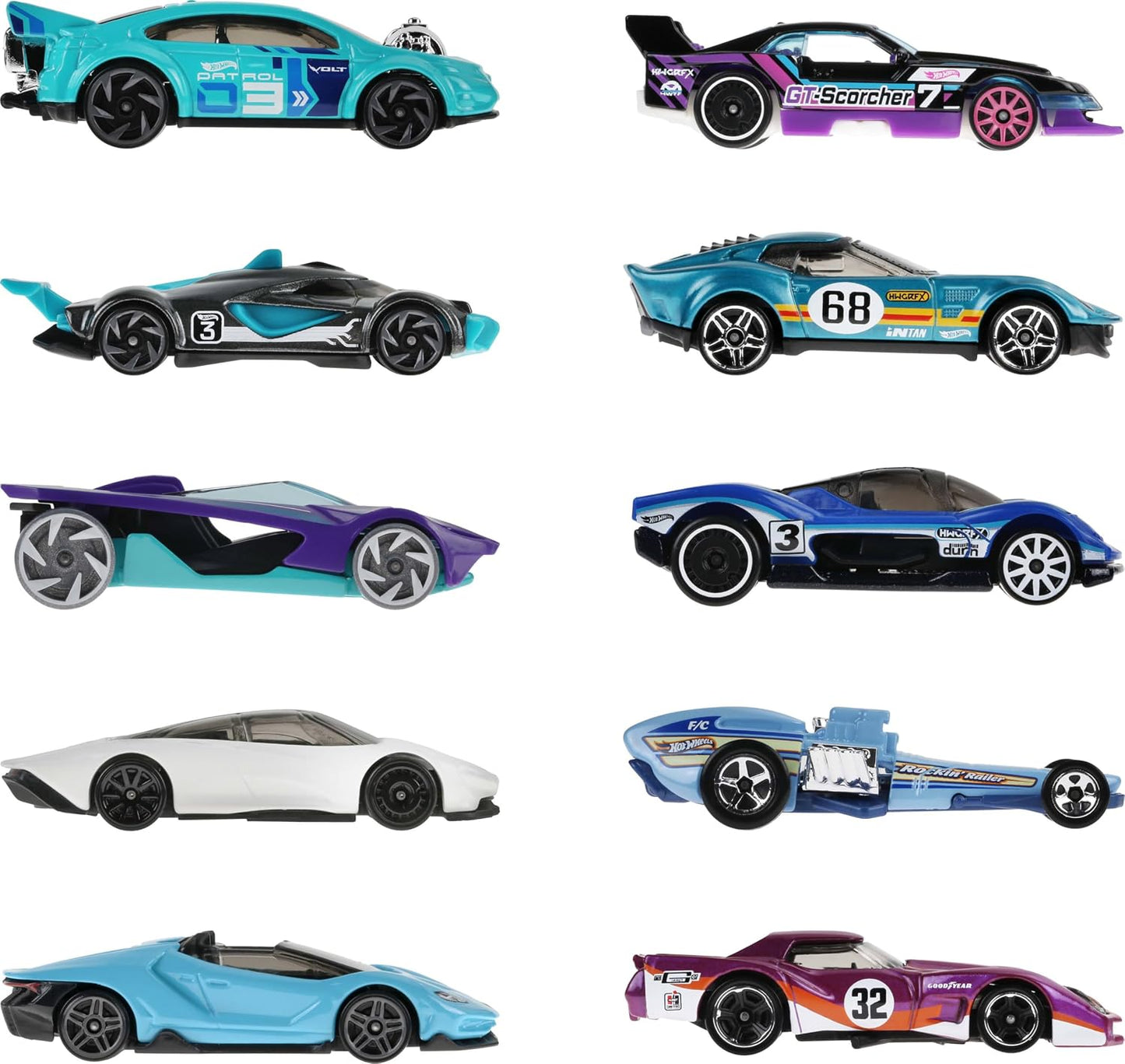 Hot Wheels Paquete de 10 autos de carreras de juguete (los estilos...