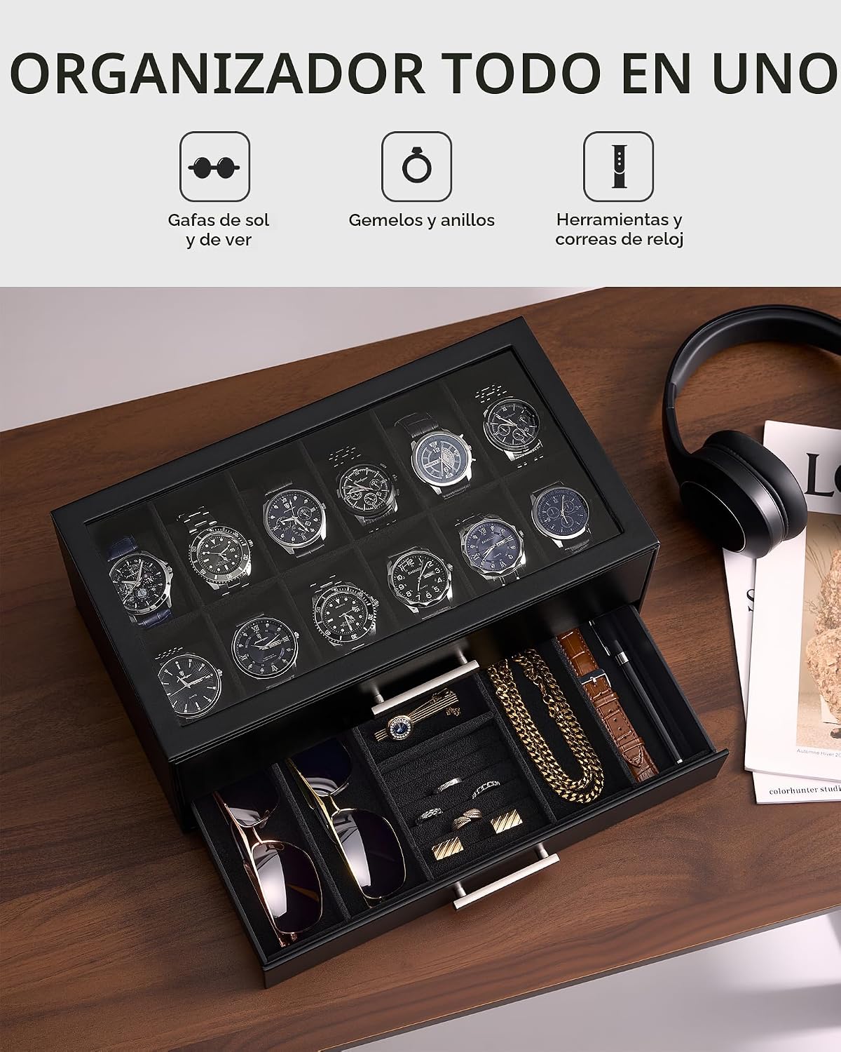ProCase Caja de reloj de 12 ranuras para hombres, caja de cajones |...