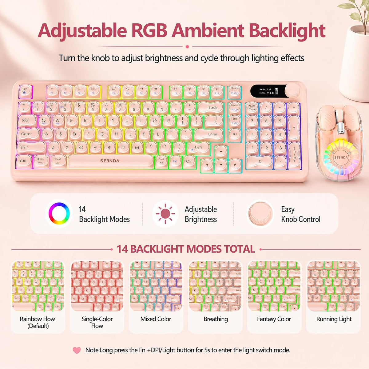 Seenda Combo de teclado y mouse Bluetooth, retroiluminación RGB, te...