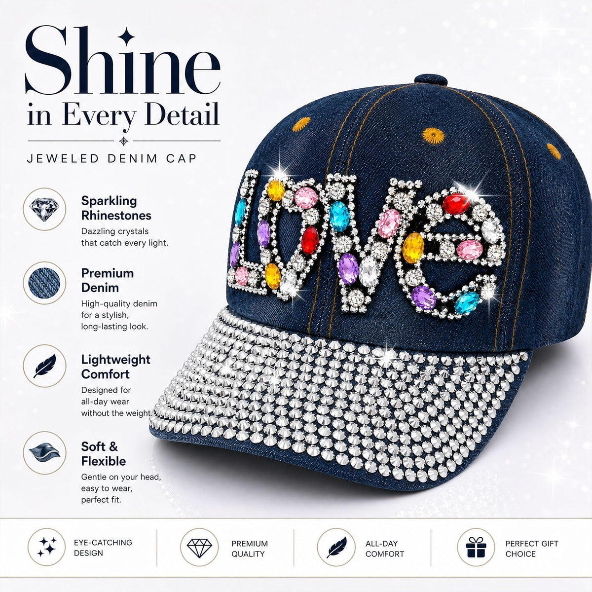 Gorra de béisbol brillante con diamantes de imitación, malla ajusta...
