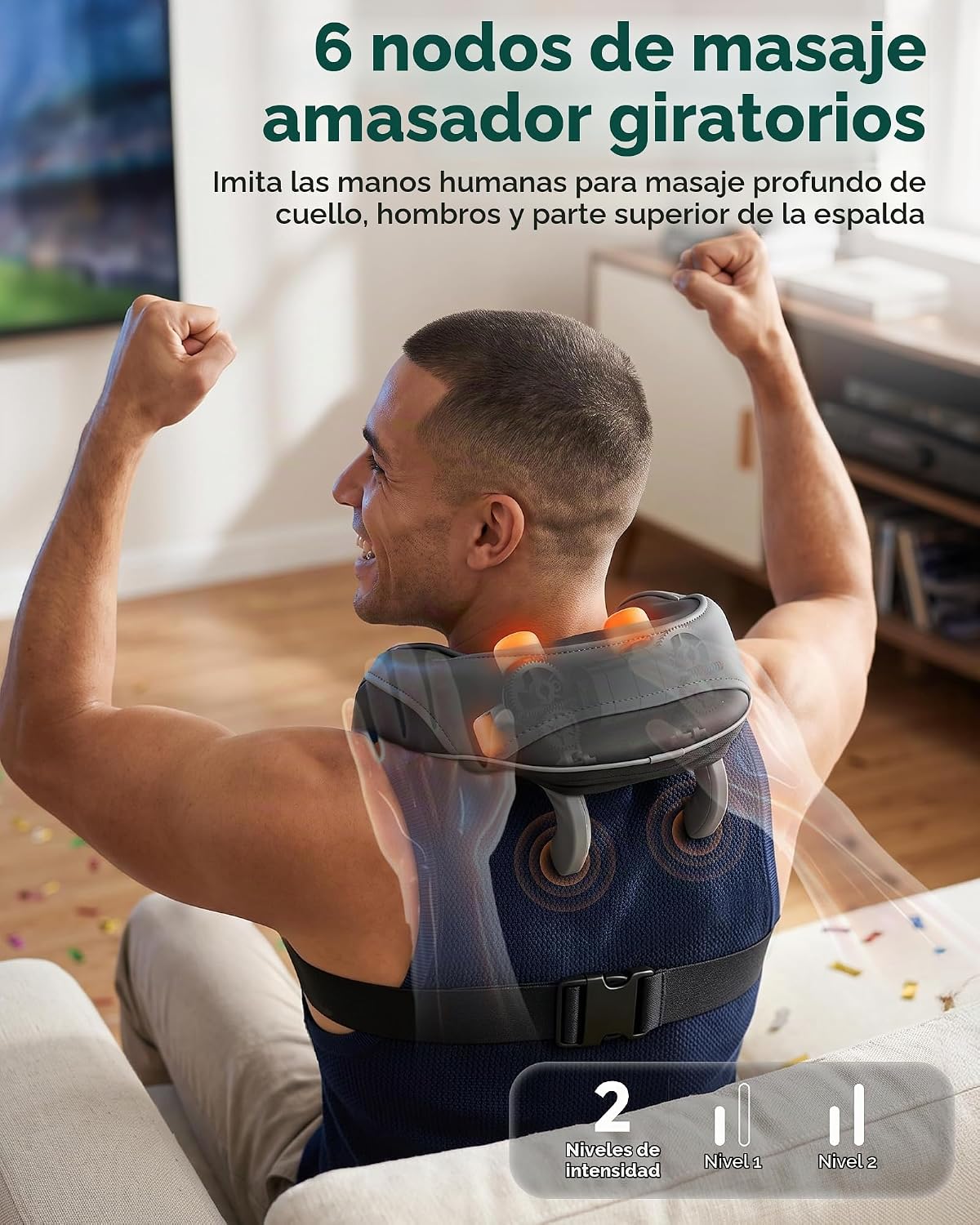 Masajeador de cuello y hombros Shiatsu 4D inalámbrico con calor, vi...
