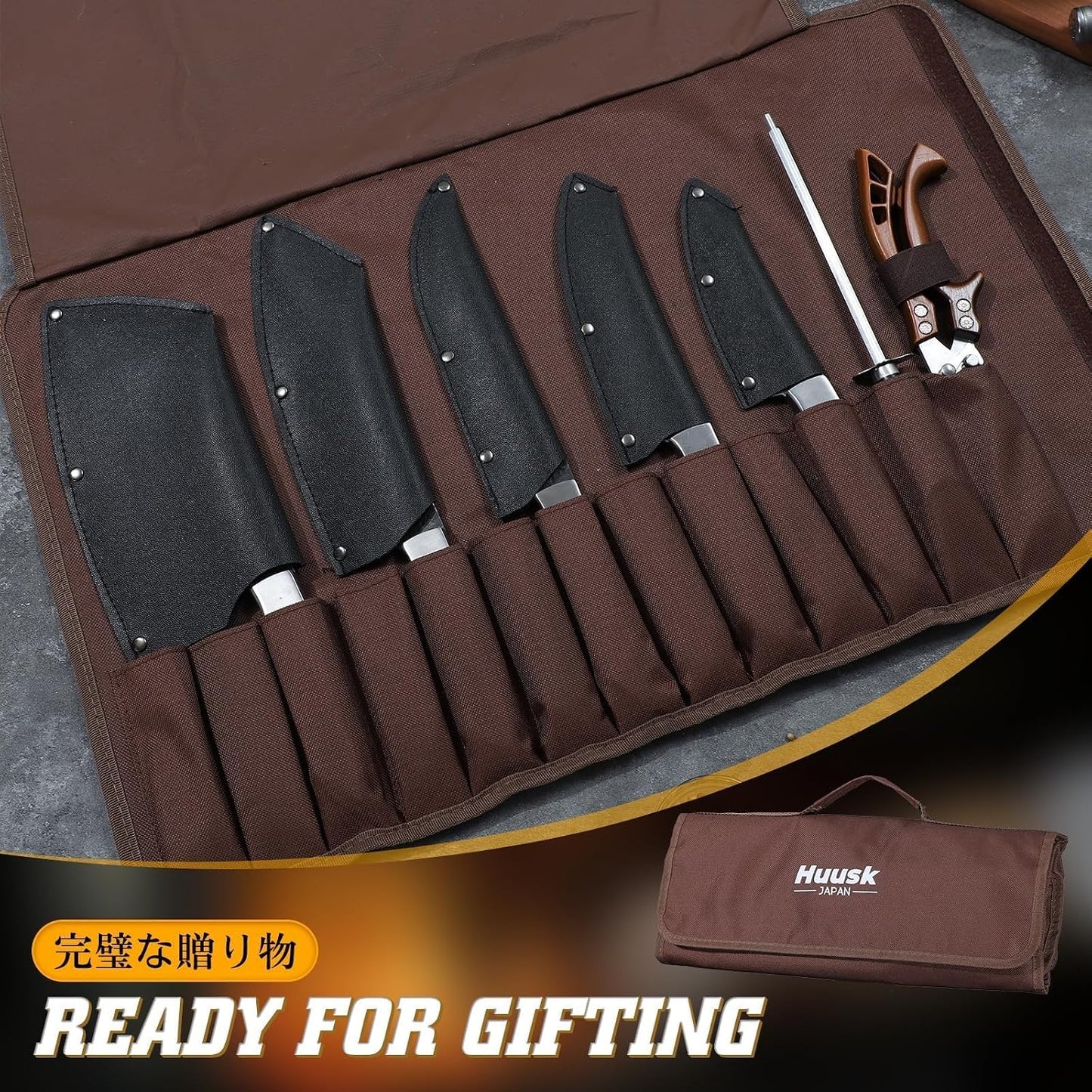 Huusk Juego de 7 cuchillos de carnicero para cortar carne con bolsa...