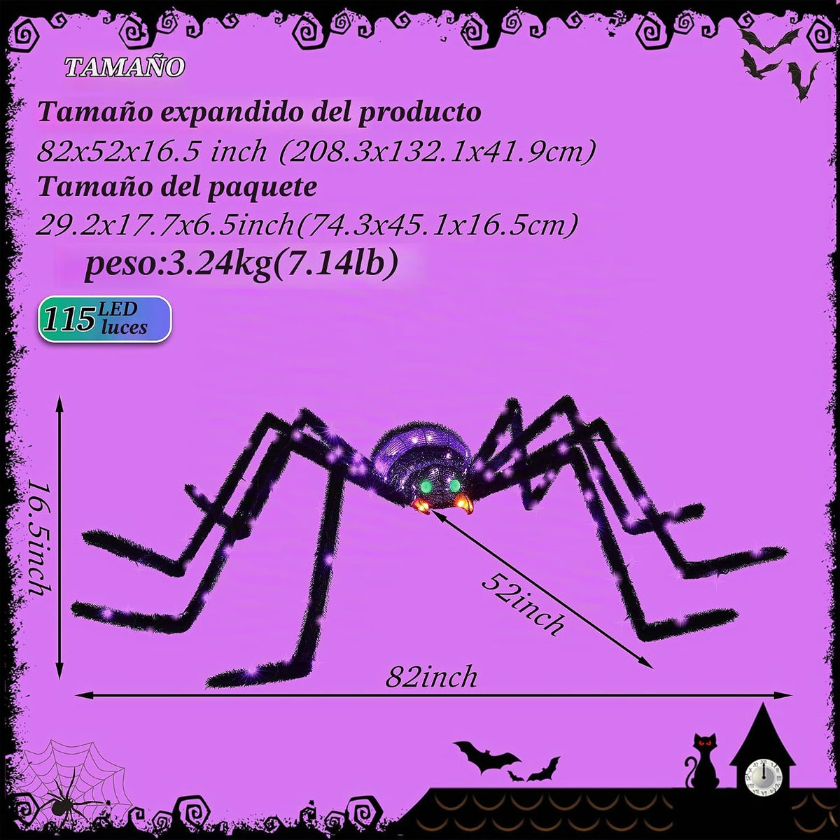 Araña gigante de 6.8 pies, decoración de Halloween para exteriores,...