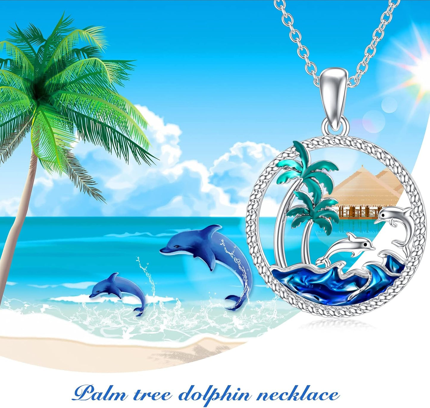 PROESS Collar de plata de ley S925 con diseño de playa y delfín, pi...