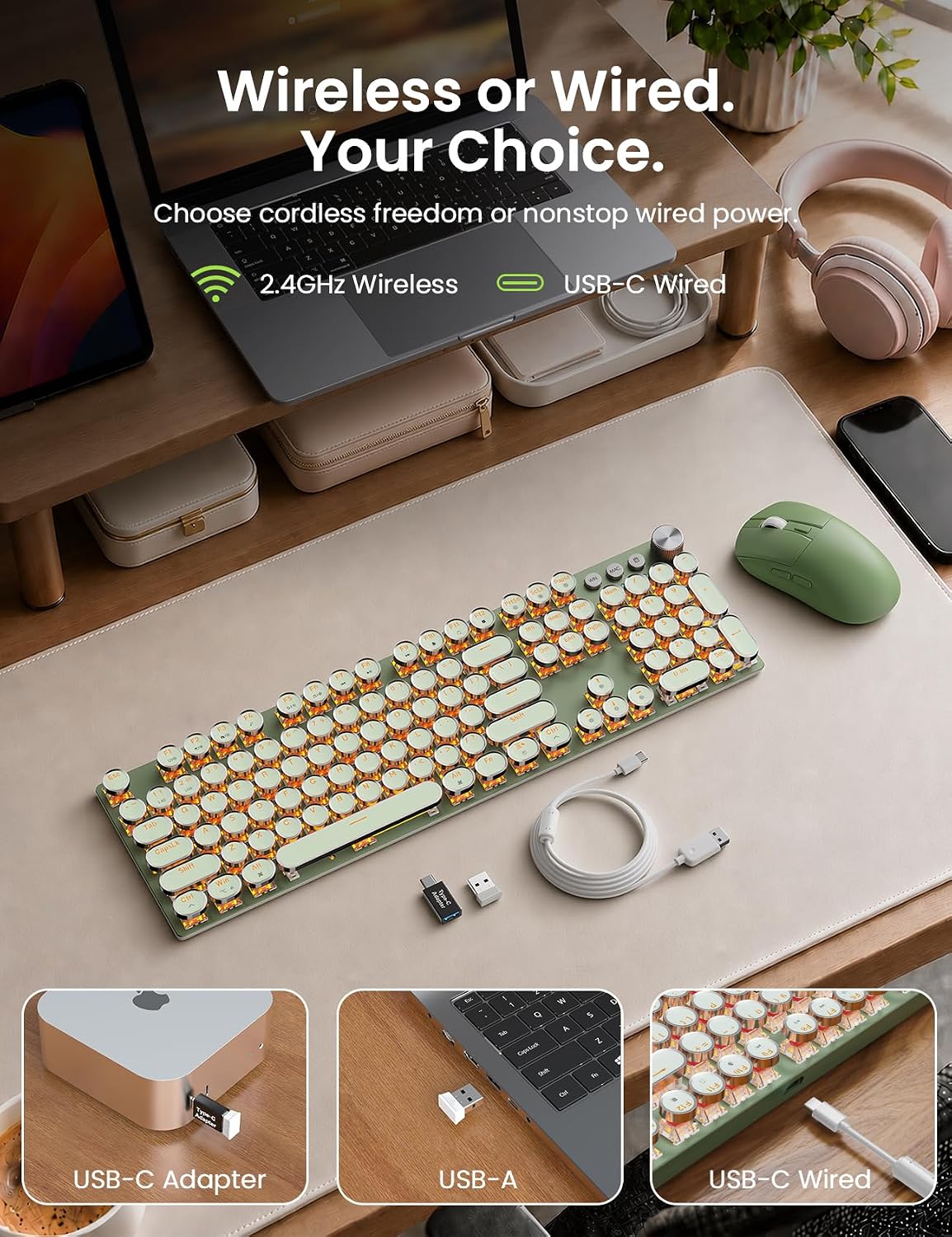 Combinación de teclado y mouse mecánico inalámbrico Sablute, retroi...