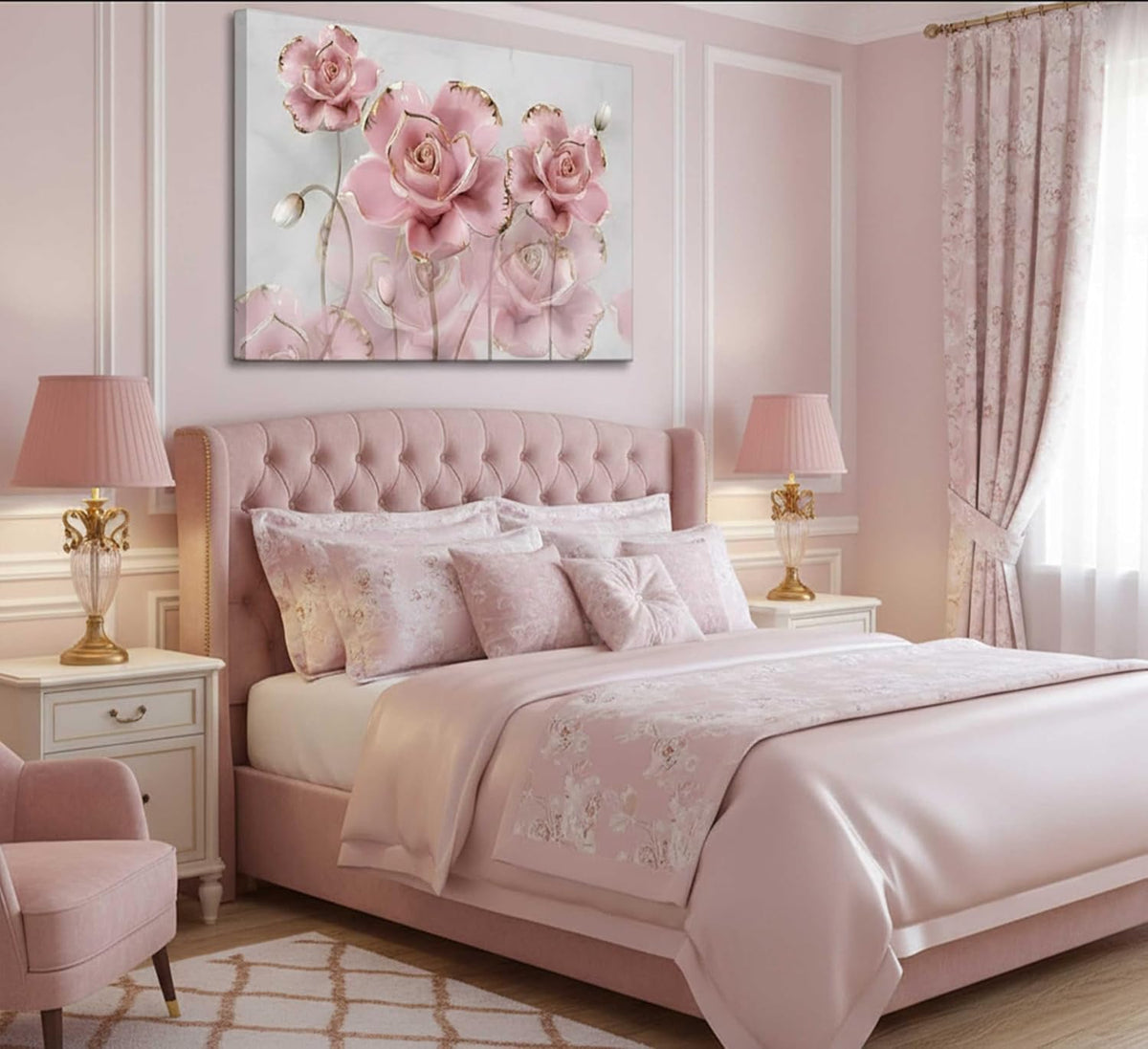 Arte de pared moderno de rosas doradas en delicado color rosa, lien...