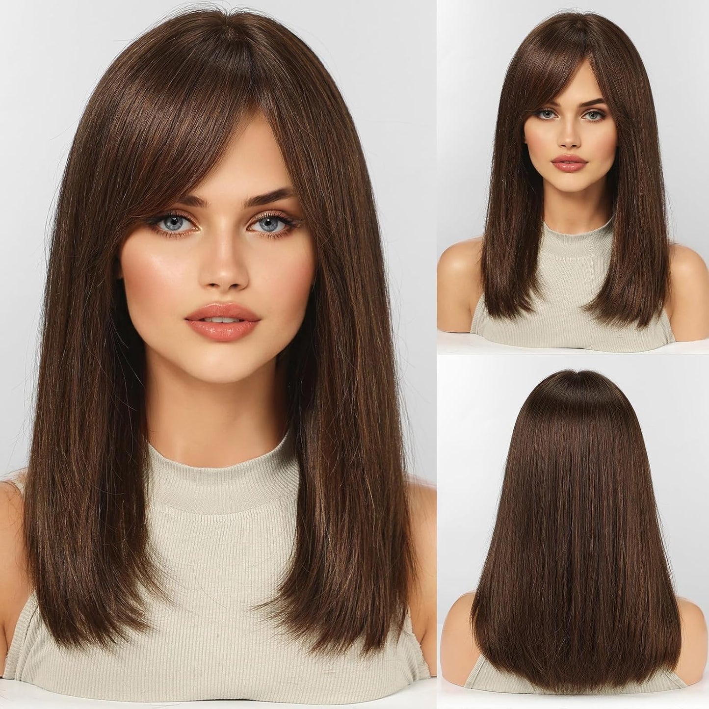 KKU Pelucas de cabello humano castaño oscuro de 16 pulgadas para mu...