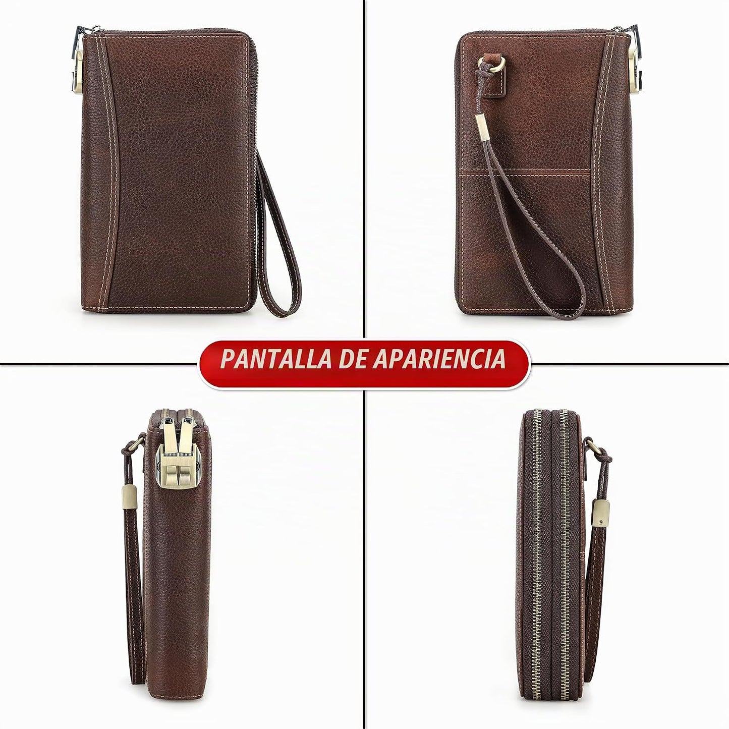 Cartera de cuero genuino de grano superior con cremallera para homb...