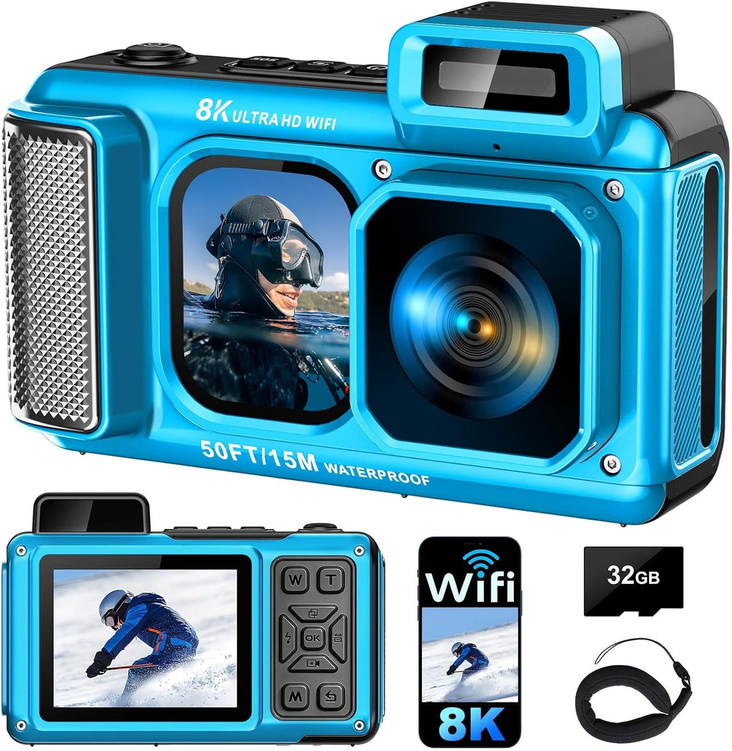 8K cámara subacuática WiFi 90MP 50FT táctil impermeable cámara 32GB...