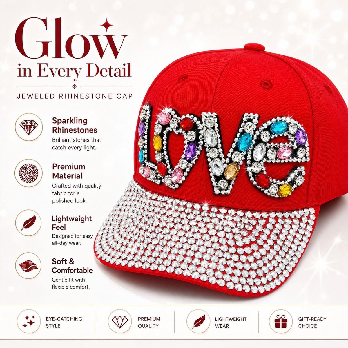 Gorra de béisbol brillante con diamantes de imitación, malla ajusta...