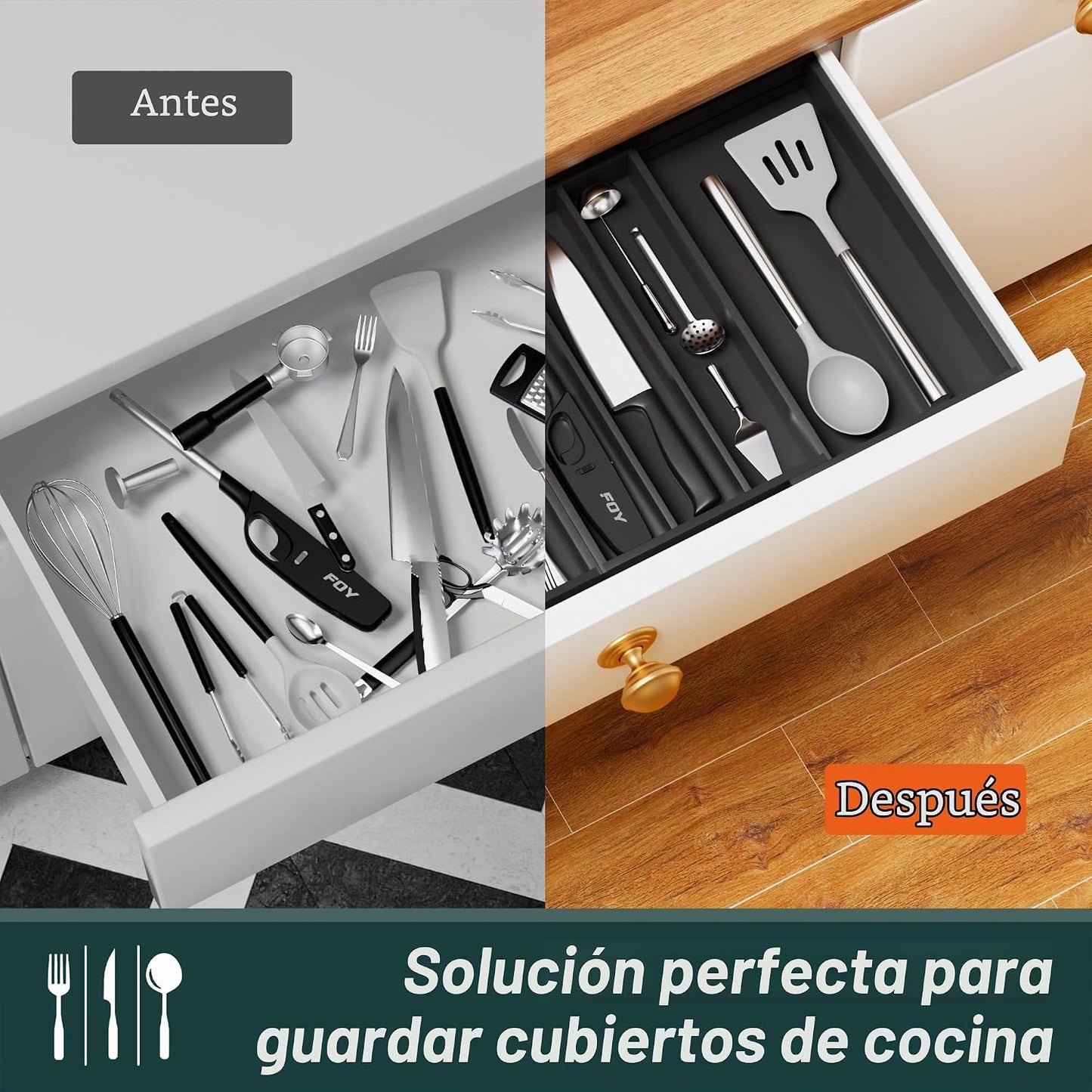Organizador de Cubiertos Grande, Conectado Magnéticamente Expandibl...