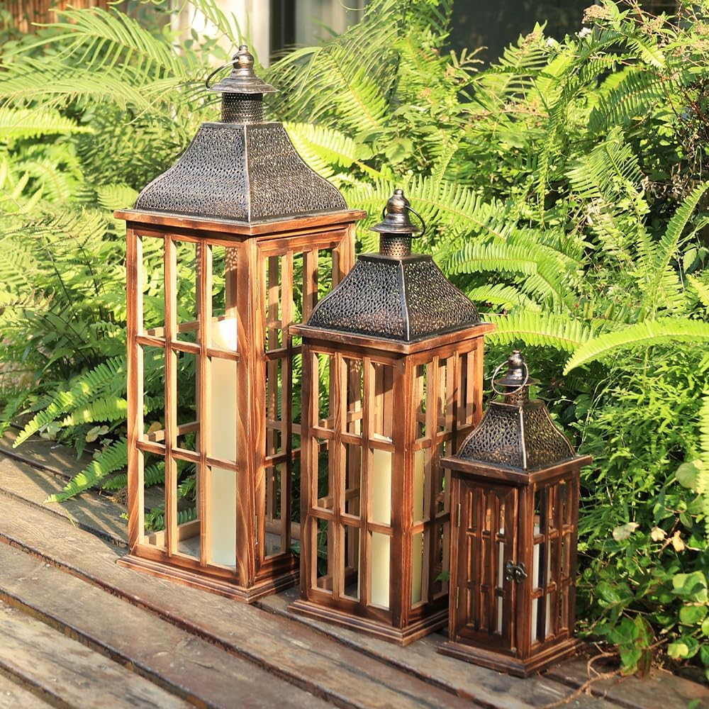 DECORKEY Juego de 3 Faroles Grandes de Madera y Metal Estilo Granja...