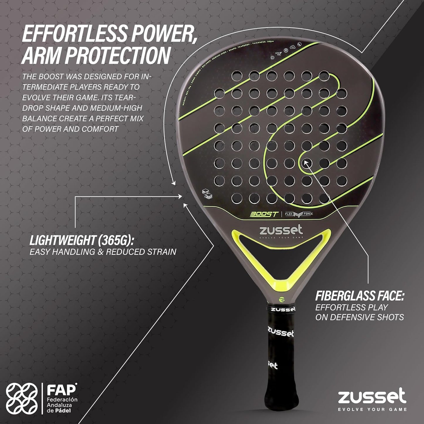 ZUSSET Pala Pádel Boost 2025 | Pala Padel Forma de Lágrima | 365gr...