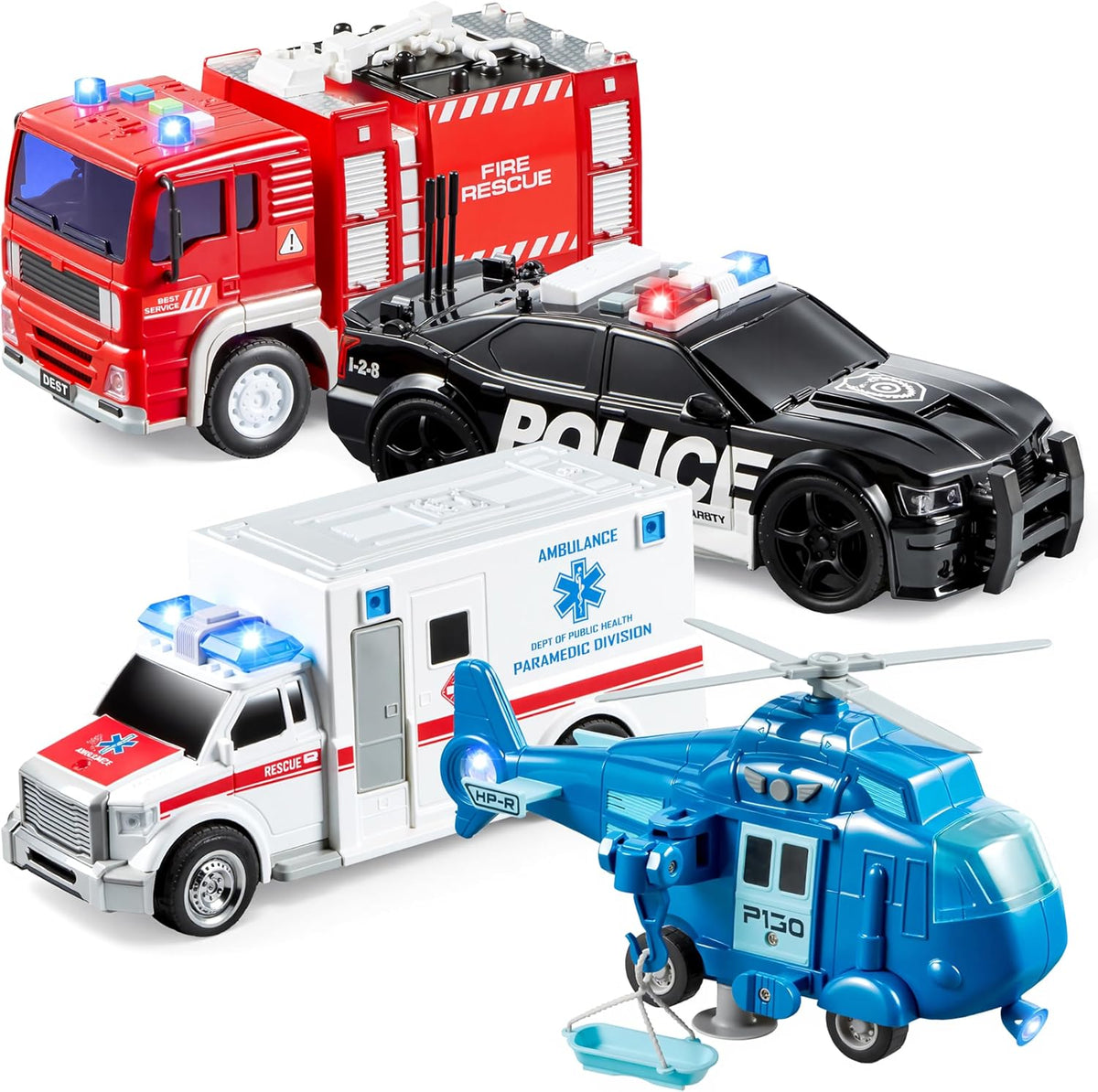 JOYIN Juego de 4 piezas de vehículos de emergencia, vehículos accio...
