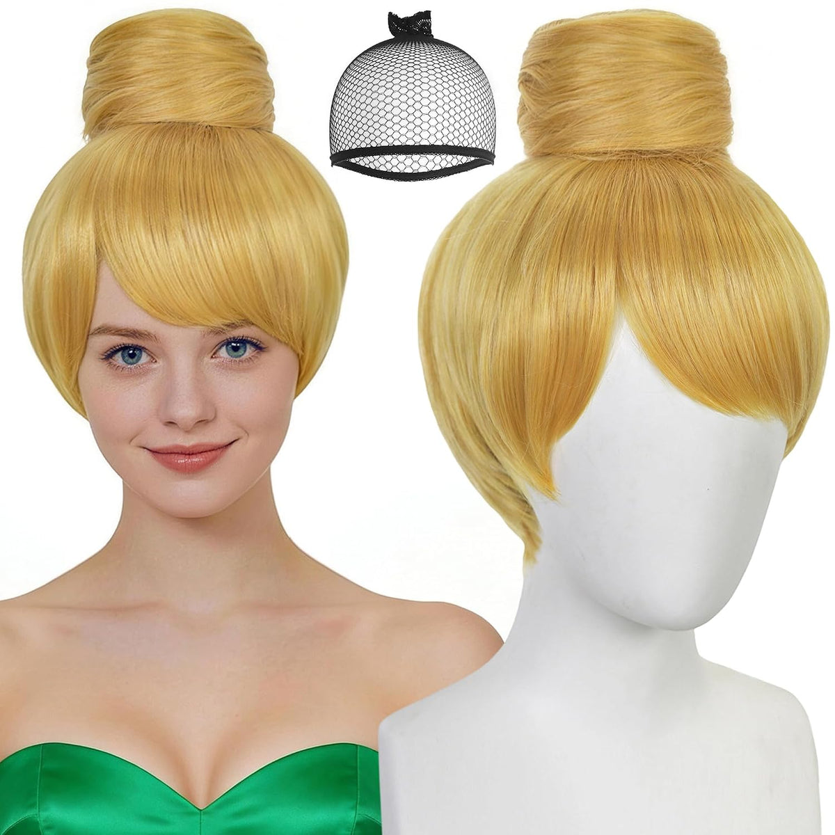 ANOGOL Peluca rubia corta con moño para mujer, pelucas doradas, pel...