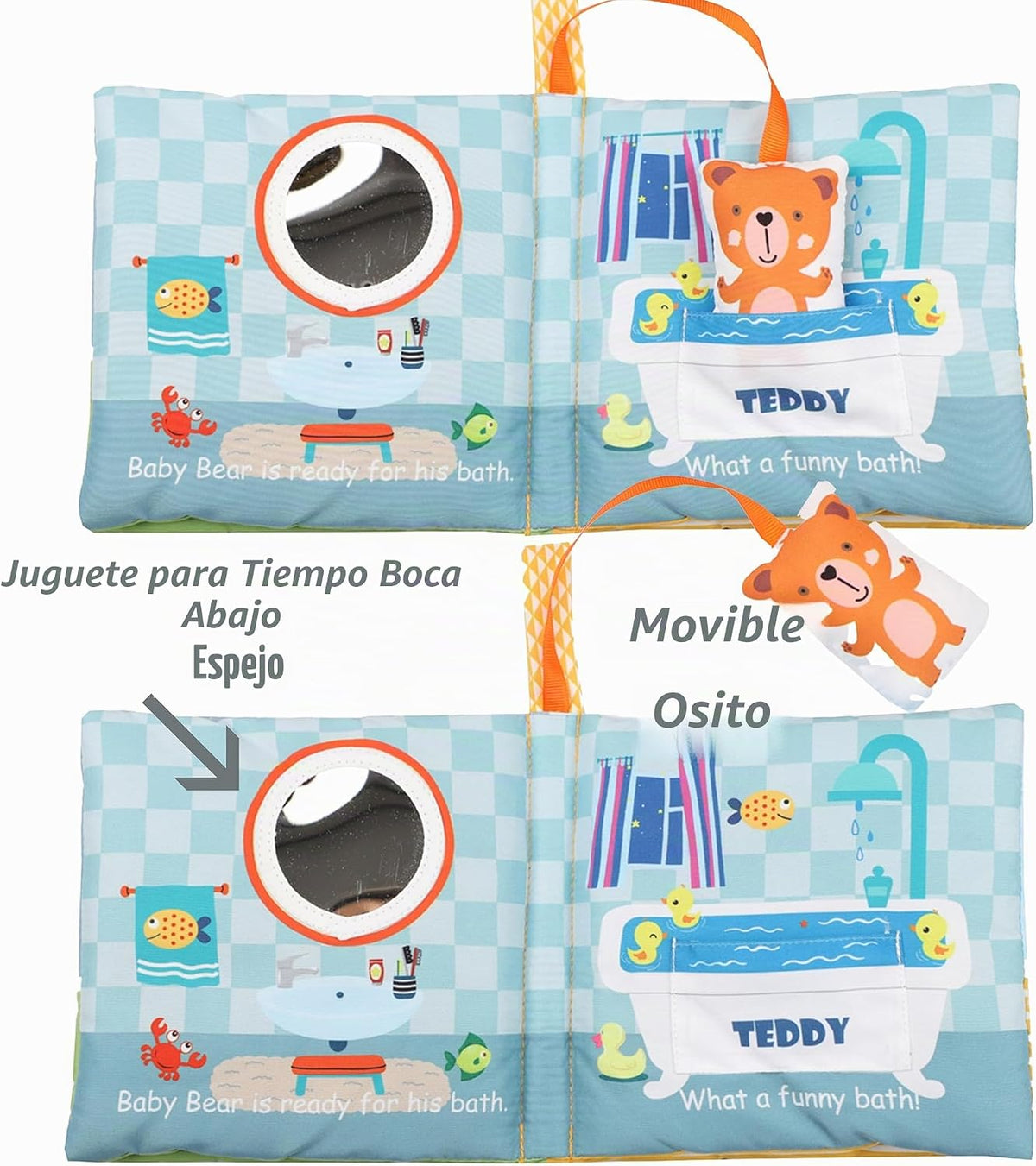 Bebe Mondo Juguete de oso de peluche con espejo, libro suave para b...