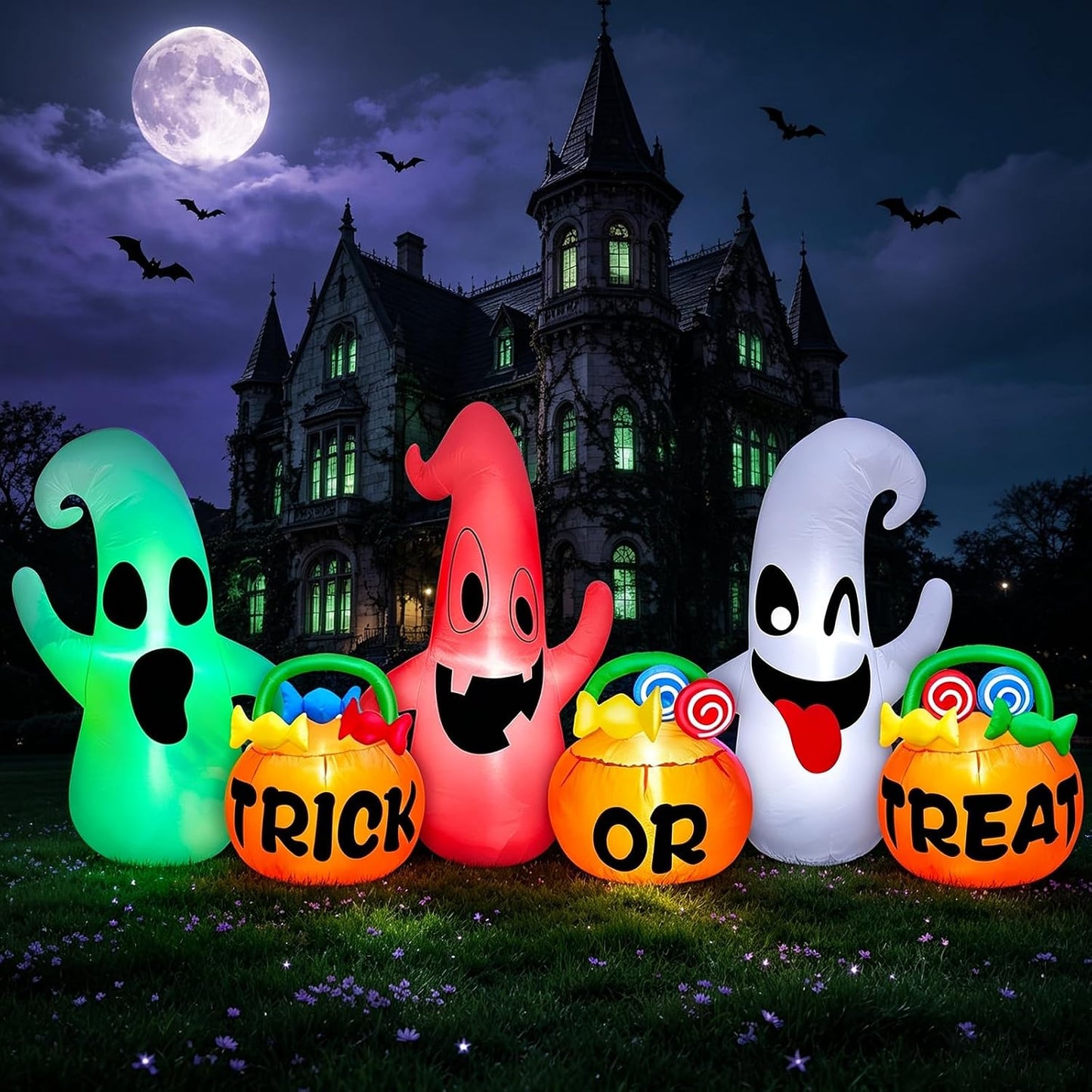 3 fantasmas inflables de Halloween de 8 pies de largo con decoració...