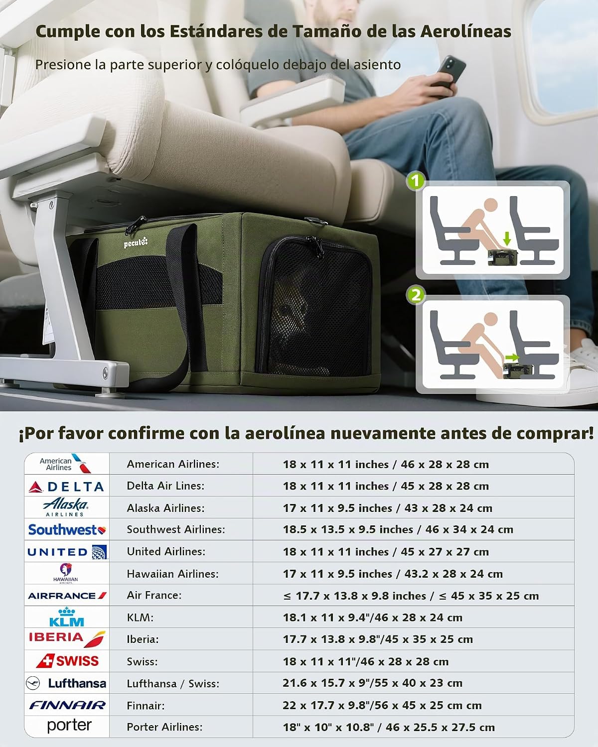 Pecute Transportador de mascotas aprobado por aerolíneas superior p...