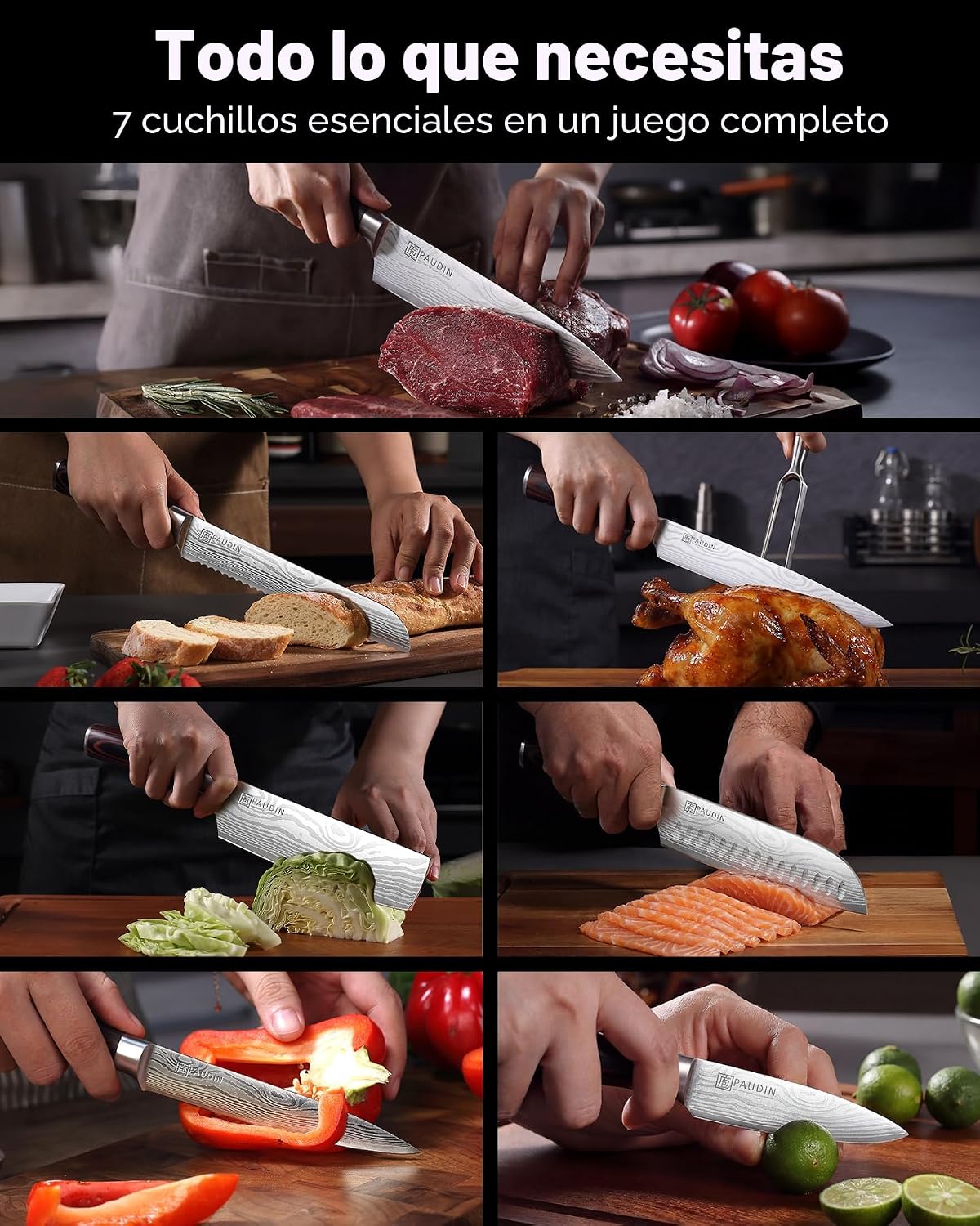 PAUDIN - Juego de cuchillos de chef, 7 piezas de juego de cuchillos...