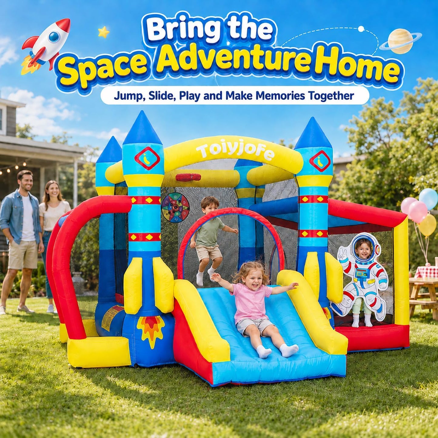 Casa inflable de rebote para niños con soplador, tema espacial de 1...