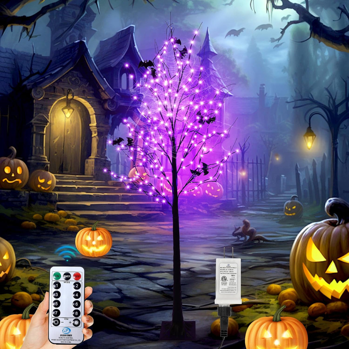 Árbol iluminado de Halloween con 260 luces LED, árbol de Halloween...