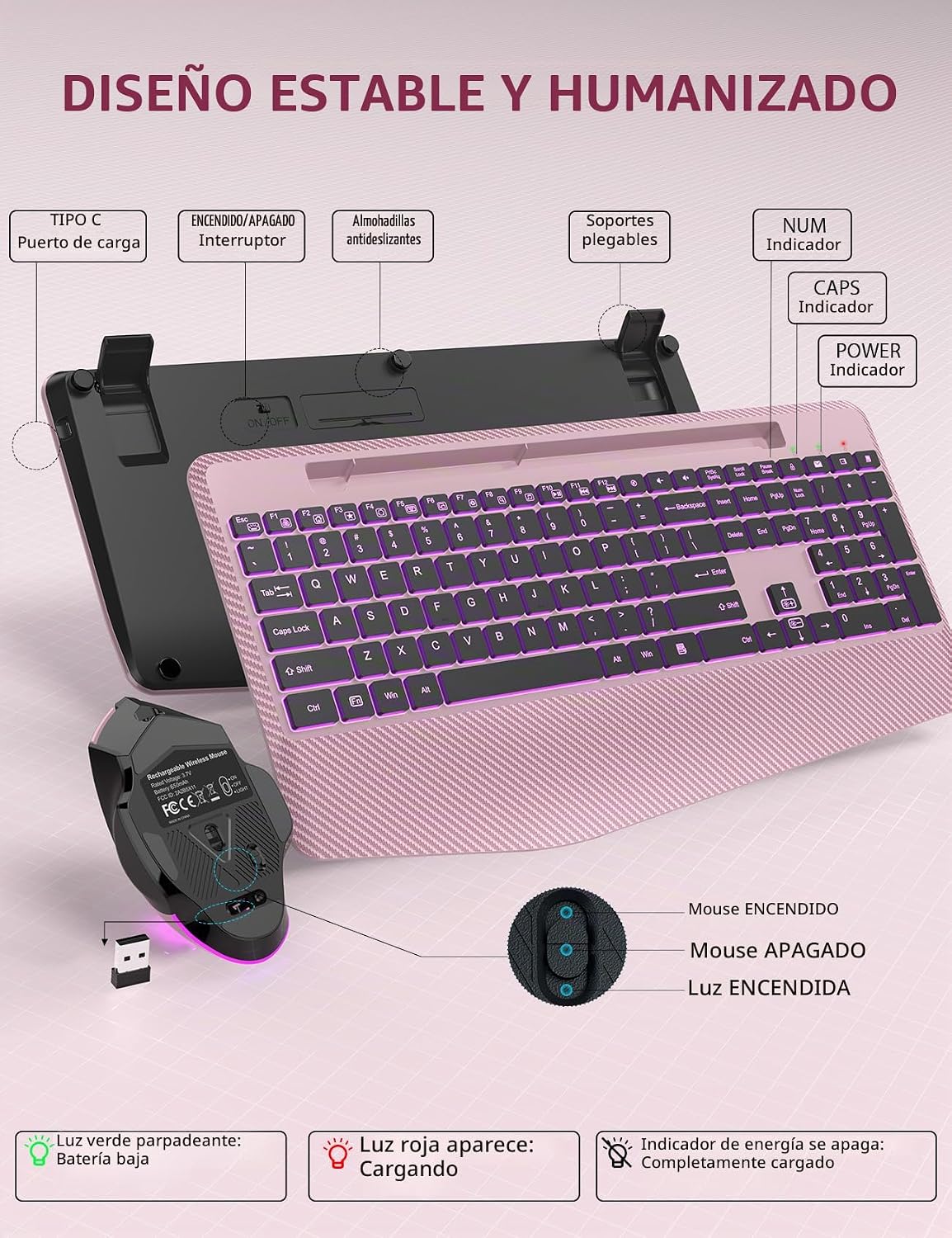 Teclado y Mouse Inalámbricos con Retroiluminación, Reposamuñecas, M...