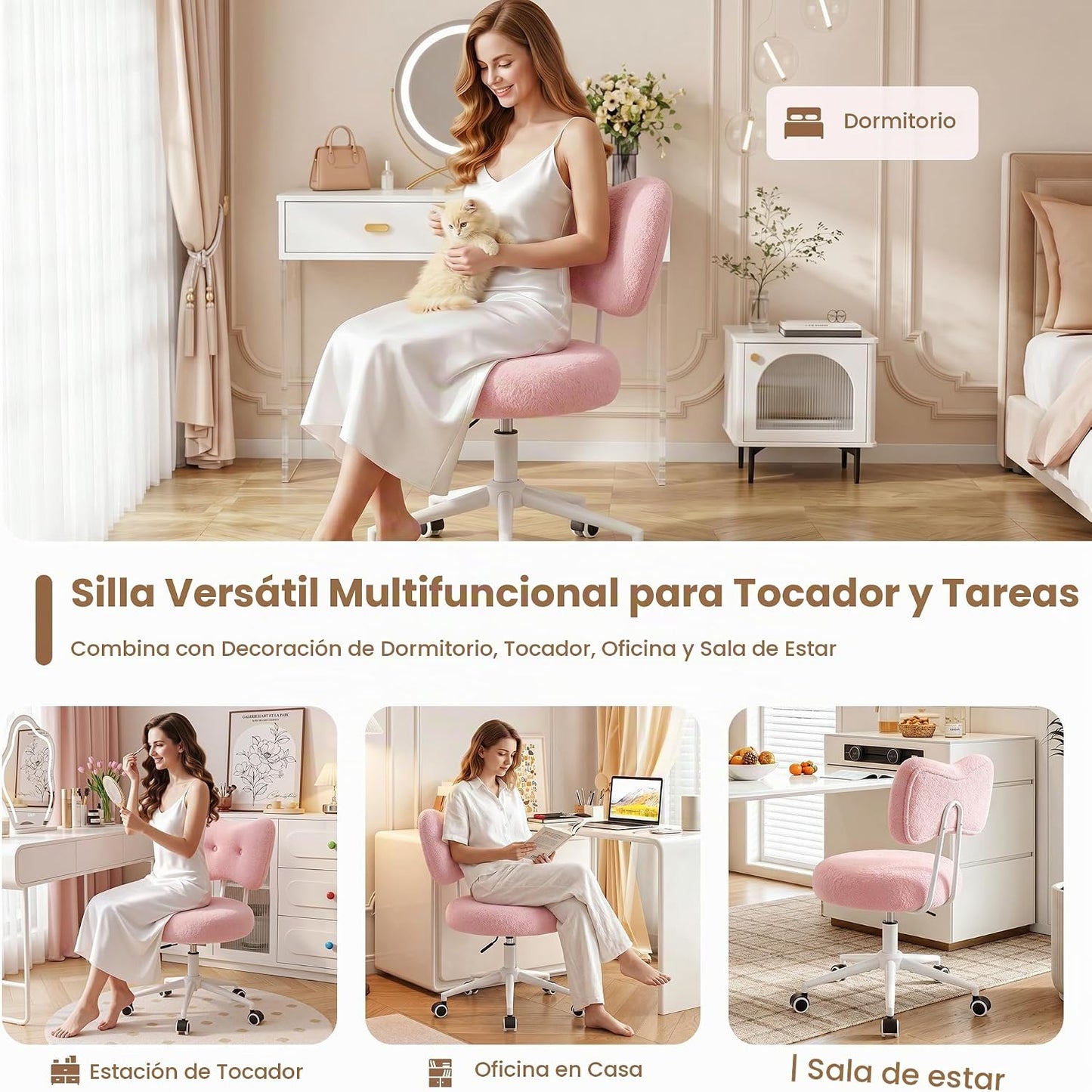 Silla de tocador pequeña con ruedas, cómoda silla de escritorio con...