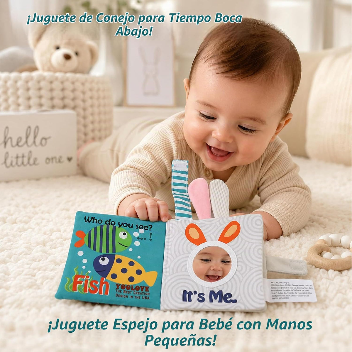 bebe mondo Juguete de conejo con espejo para bebé, libro de tela su...