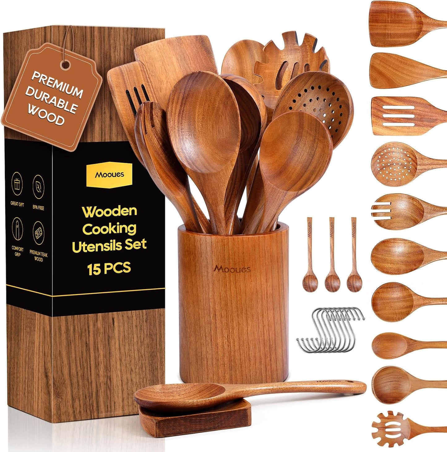 Mooues - Juego de utensilios de cocina de madera, 15 piezas, teca n...