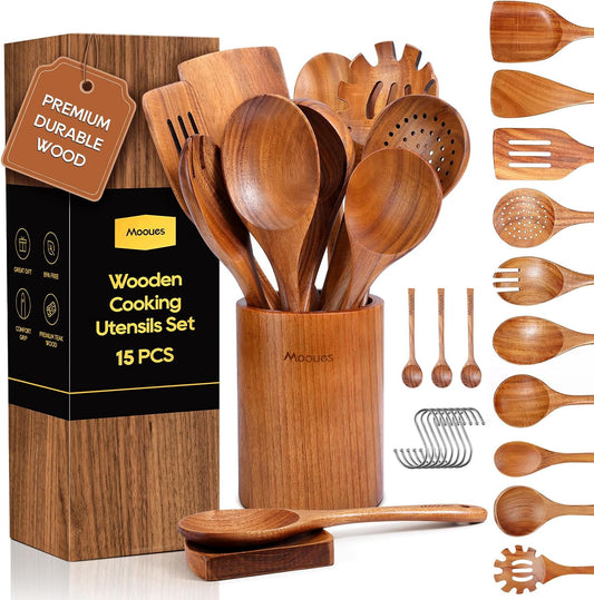 Mooues - Juego de utensilios de cocina de madera, 15 piezas, teca n...