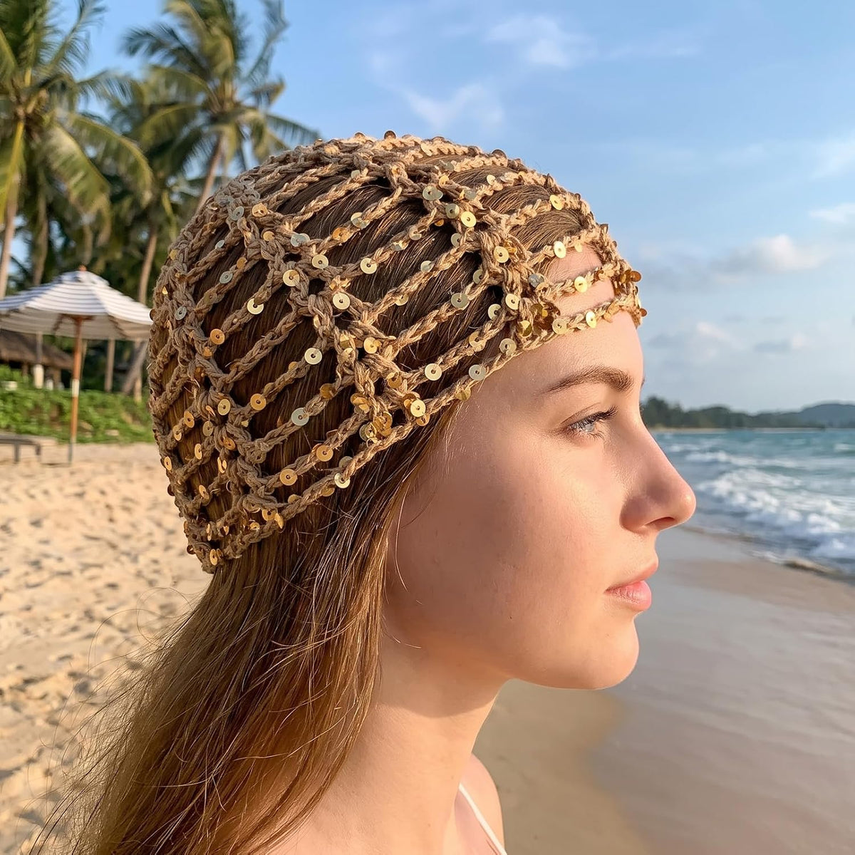 Ymapinc Gorro de ganchillo para mujer, gorro de lentejuelas de mall...