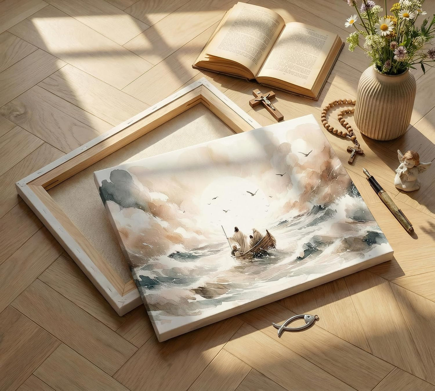 Arte de pared en lienzo Jesús apacigua la tormenta Acuarela Jesús e...