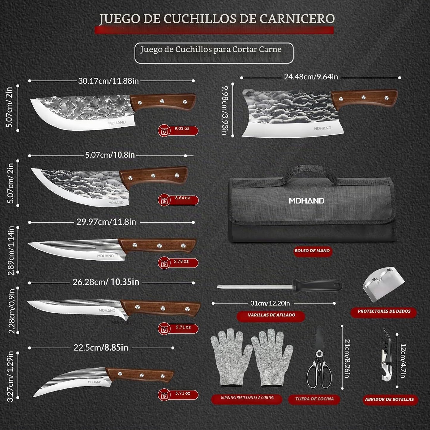 MDHAND Juego de cuchillos de carnicero, juego de cuchillos de chef...