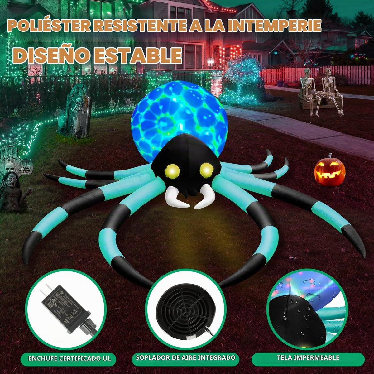 Araña gigante inflable de Halloween de 12 pies con 7 ojos que cambi...