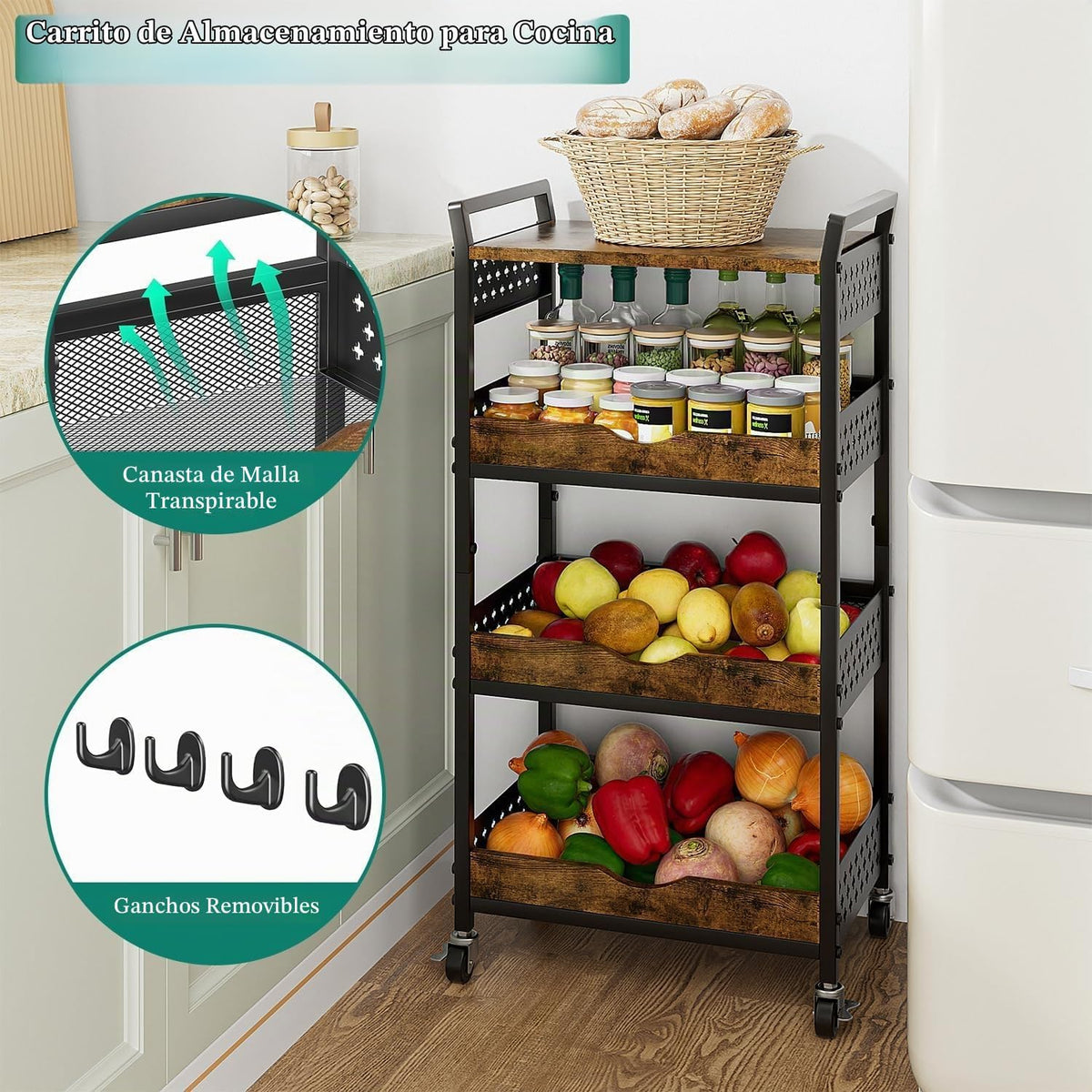 Giwil Carrito de almacenamiento rodante de 4 niveles, pequeño carri...