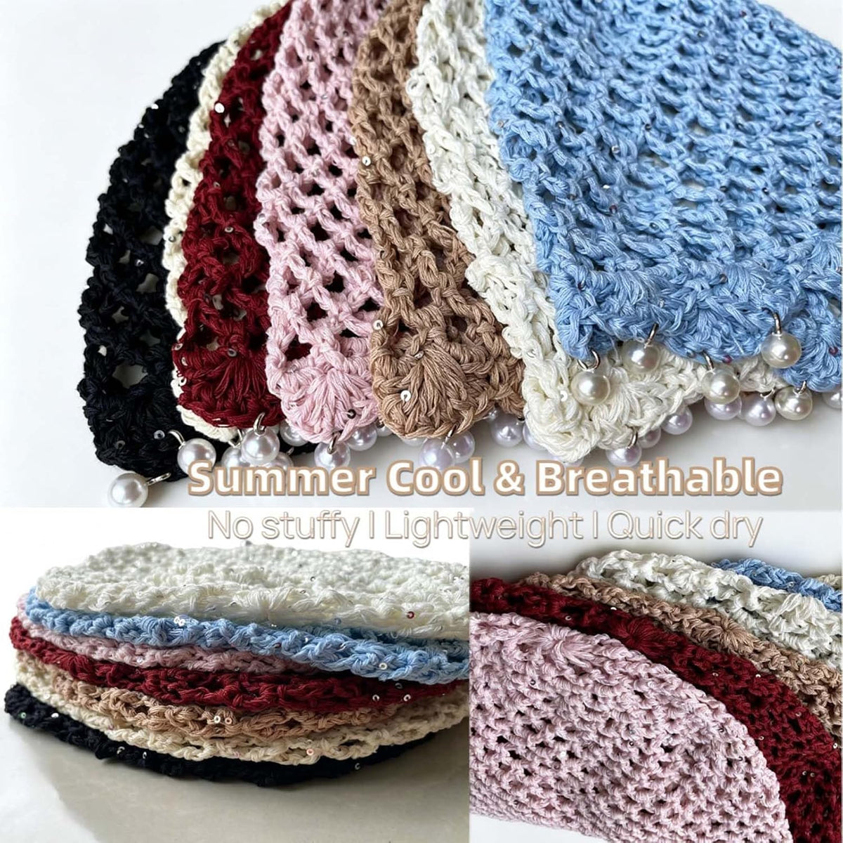 Qkxbxk Gorro de punto hueco con lentejuelas y perlas para mujer, es...