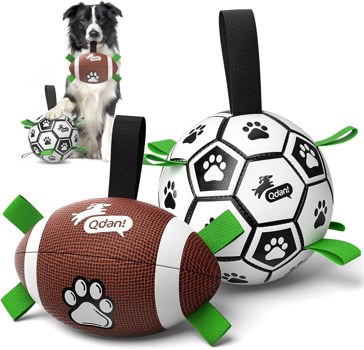 QDAN - Juego de 2 pelotas de fútbol para perros, juguete con correa...